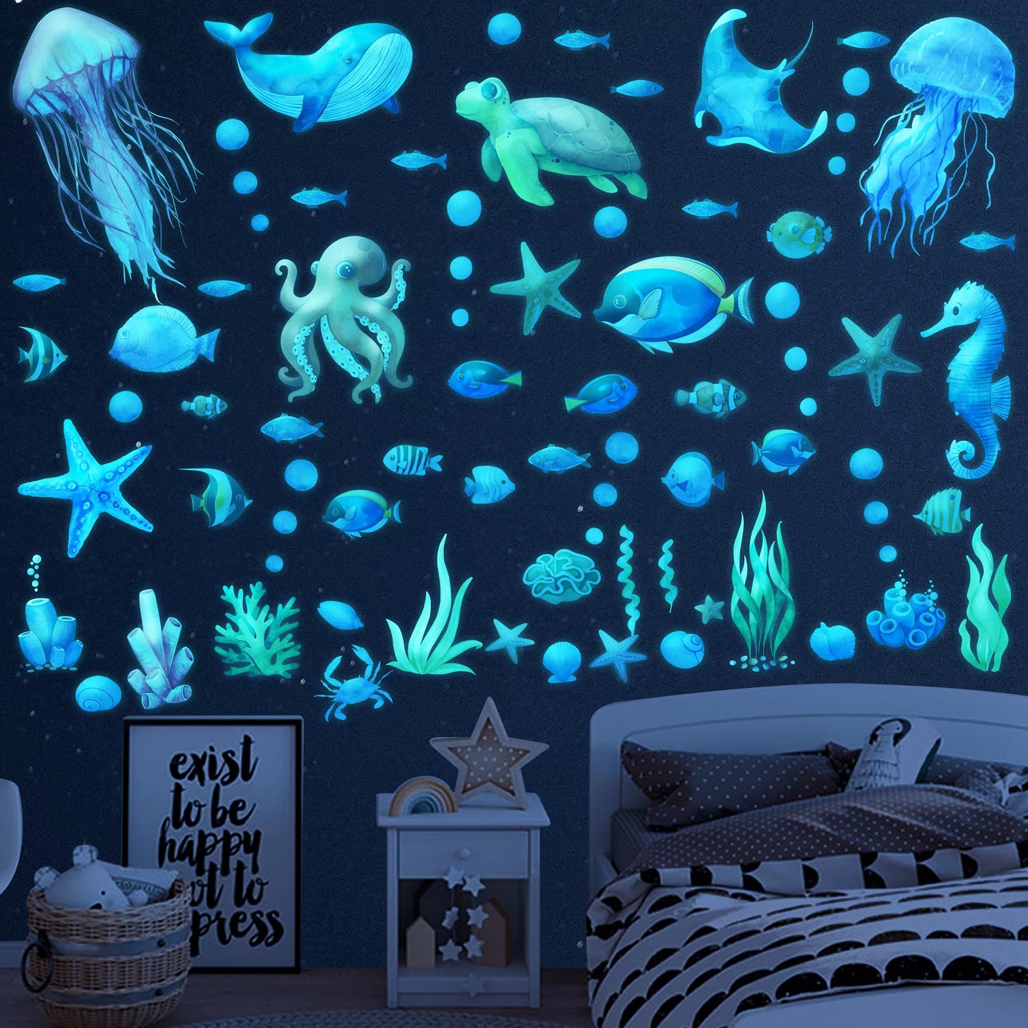 Ocean Fish Wall Decals,Glow in The Dark Under The Sea Wall Decals Sea Life Animals Wall Stickers Removable Waterproof Peel and Stick for Boys Kids Bathroom Watercolor Ocean Creatures Decor(Upgrade)