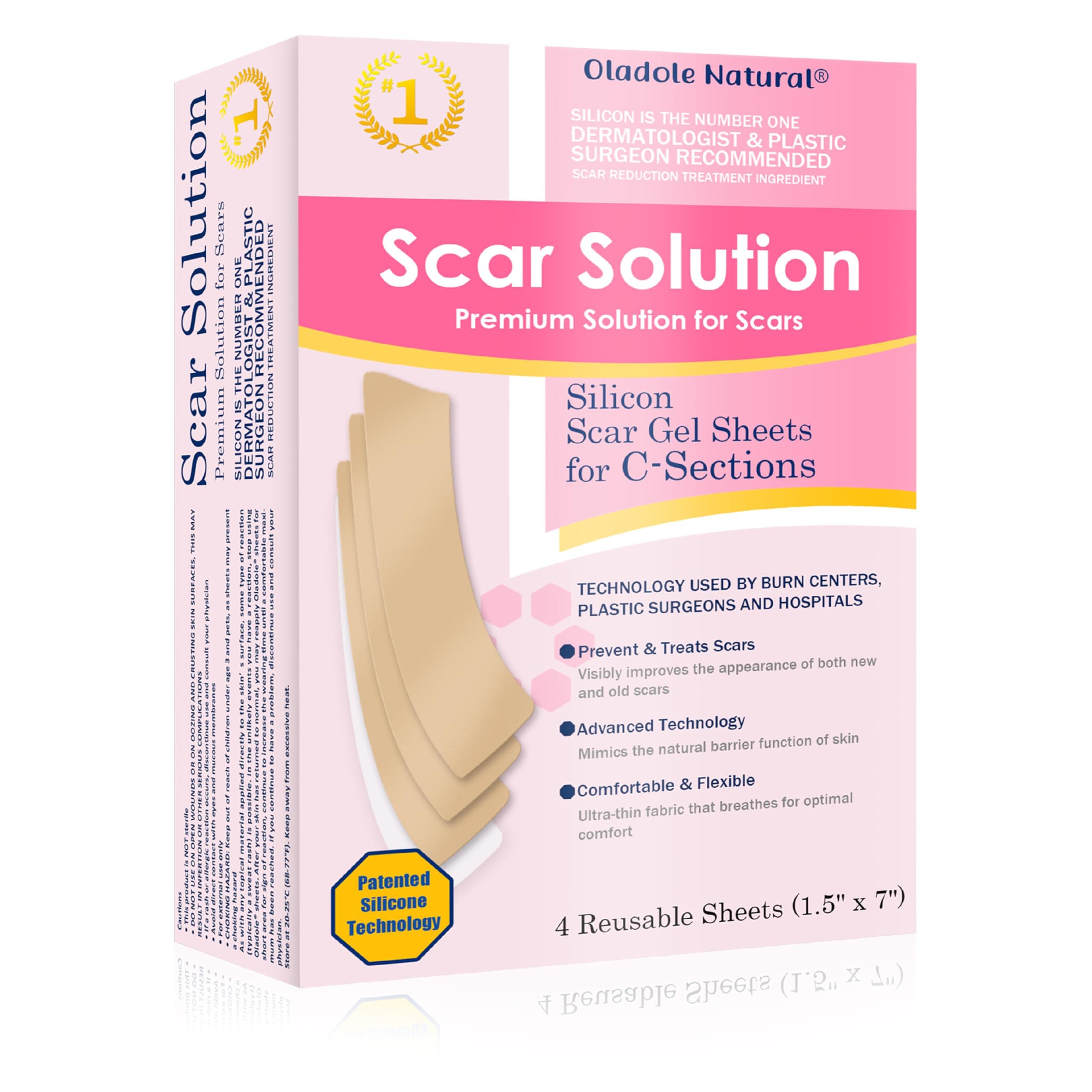Oladole Natural Silicone Scar Sheets Solution- 4 Reusable Sheets (1.5” x 7”) | Advanced Scar Healing For Optimal Skin Recovery, Reduce Scarring, Improve Texture | Scar Gel Sheets For C- Sections