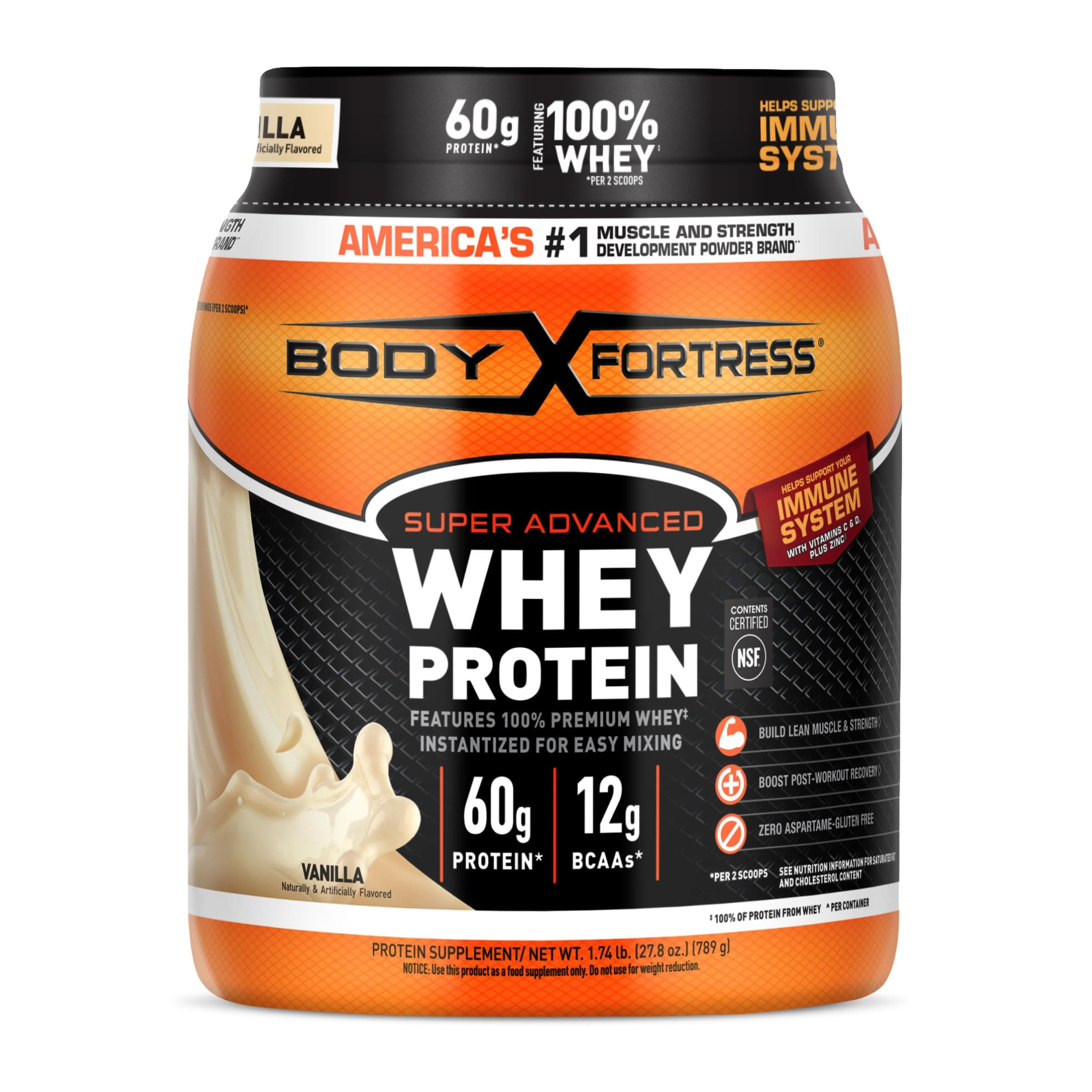 Body Fortress Super Advanced Whey Protein Powder, Gluten Free, Vanilla, Immune Support (1), Vitamins C & D Plus Zinc, 1.74 lbs