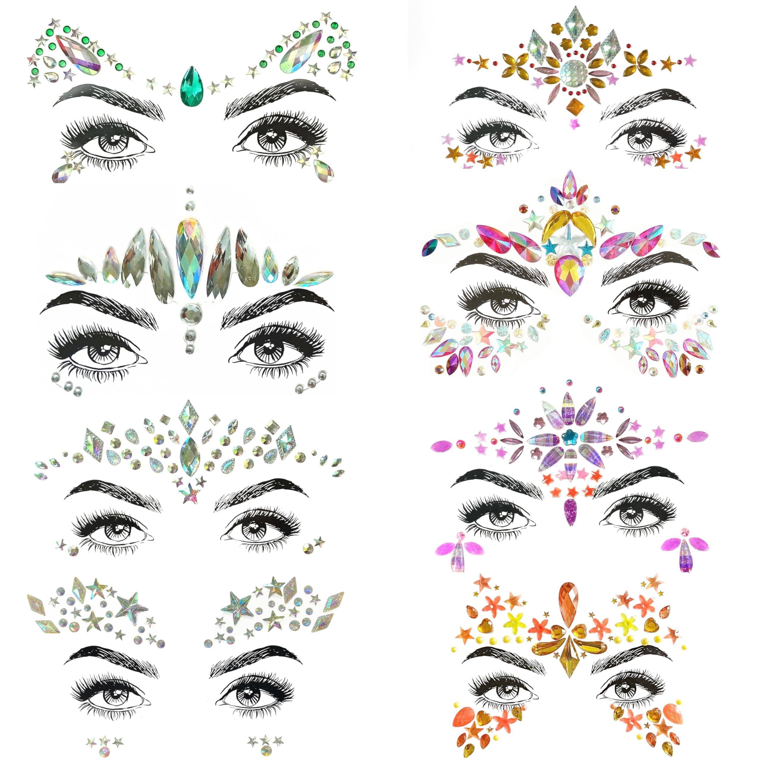 8 Pcs Gemstone Face Stickers for Music Festival Holiday Party, Rhinestone Face decal for Halloween Christmas, Face Glitter Sticker Temporary Tattoo for Birthday Carnival