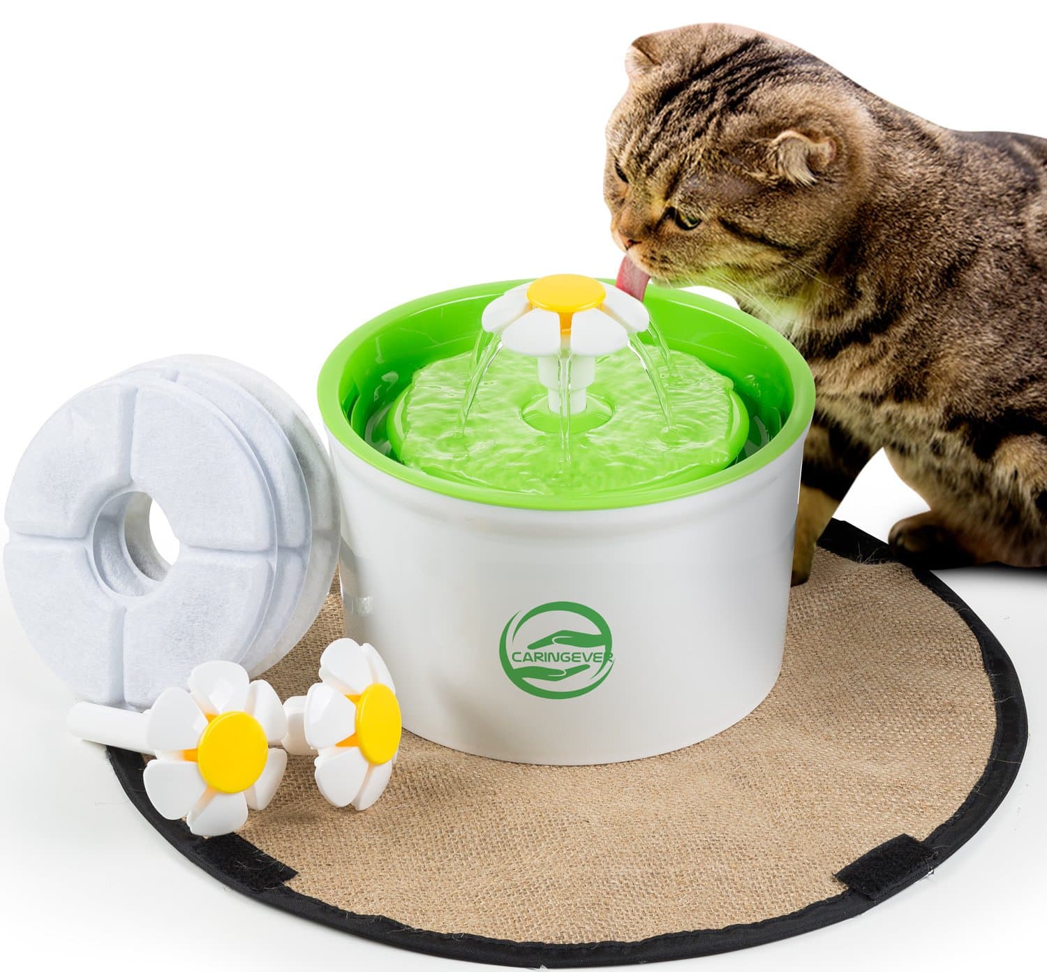 CaringEver Cat Flower Fountain – Automatic Water Dispenser for Kitty and Dog Pets – Elevated Electric Drinking Fountain for Indoor Use – with A Waterproof Scratch Mat – Silent Pump with Filter
