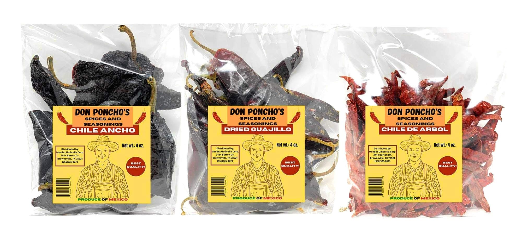 Don Ponchos - Dried Chili Pepper 3 Pack Bundle - Guajillo Chiles, Chile Ancho, & Chile de Arbol - 12 oz Total Weight - Product of Mexico