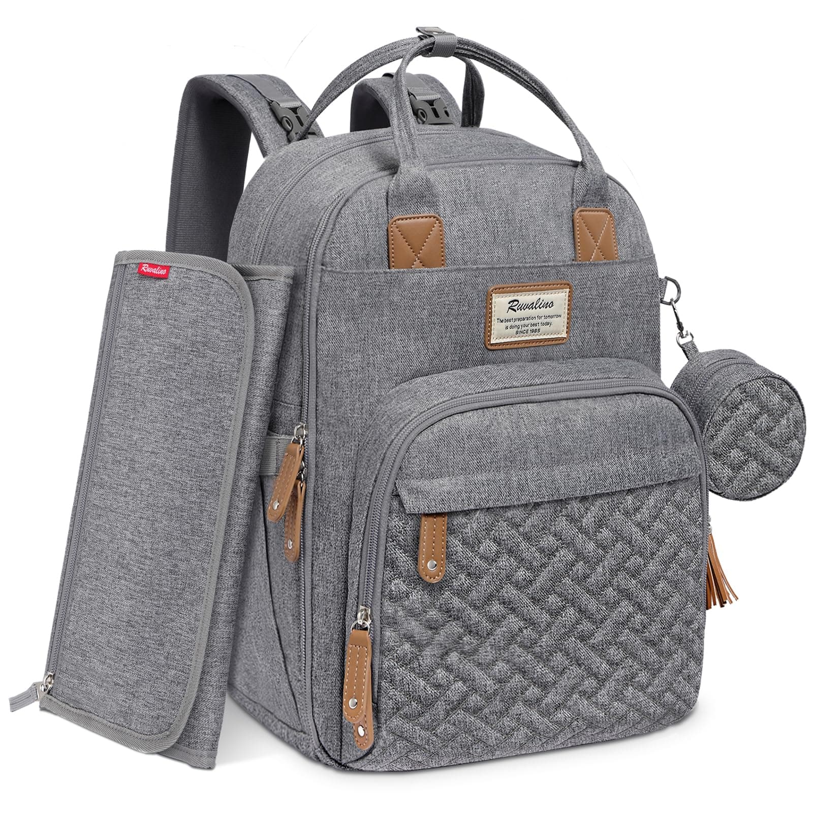 Diaper Bag Backpack, RUVALINO Neutral All-in-One Baby Bags for Boy Girl, Multifunction Large Travel Backpack with Portable Changing Pad, Stroller Straps, Pacifier Case and Insulated Pockets, Gray