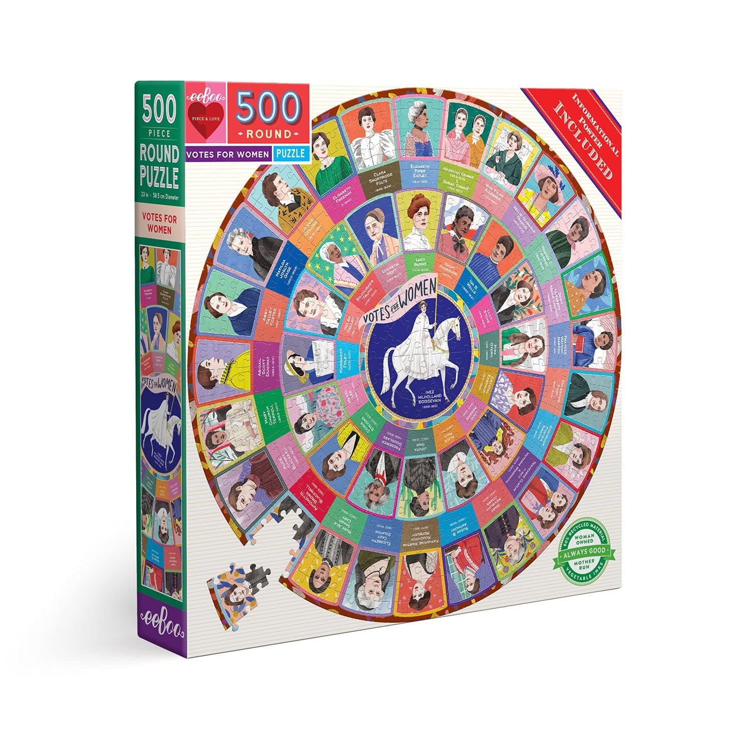 eeBoo 500 Piece Puzzle - Votes for Women Jigsaw Puzzle for Adults, Circular with 23" Diameter Made with Recycled Board & Vegetable-Based Ink