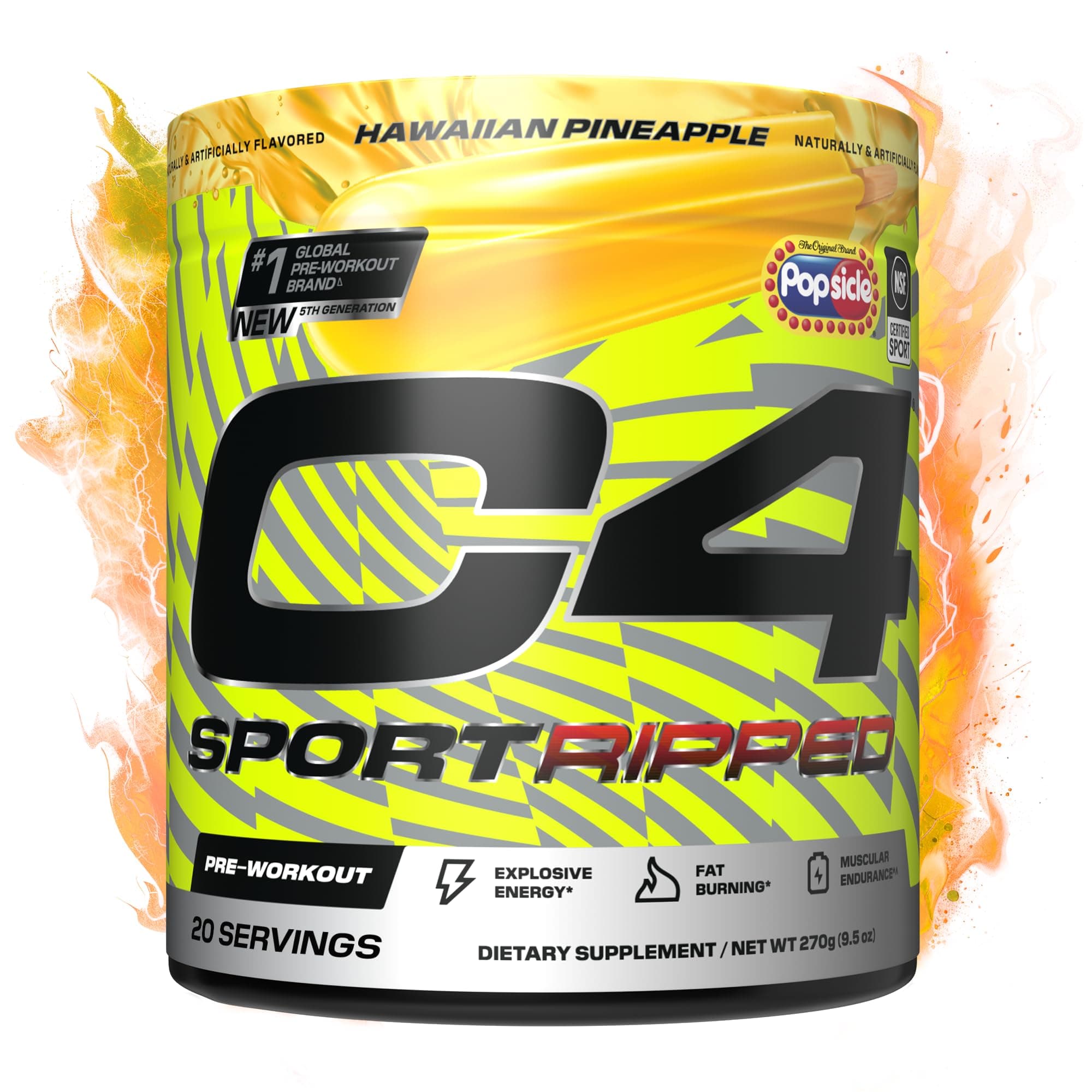 Ripped Sport Pre Workout Powder - NSF Certified for Sport - 200mg Caffeine + Cayenne Extract + Carnitine Tartrate + Beta-Alanine - Hawaiian Pineapple, 20 Servings