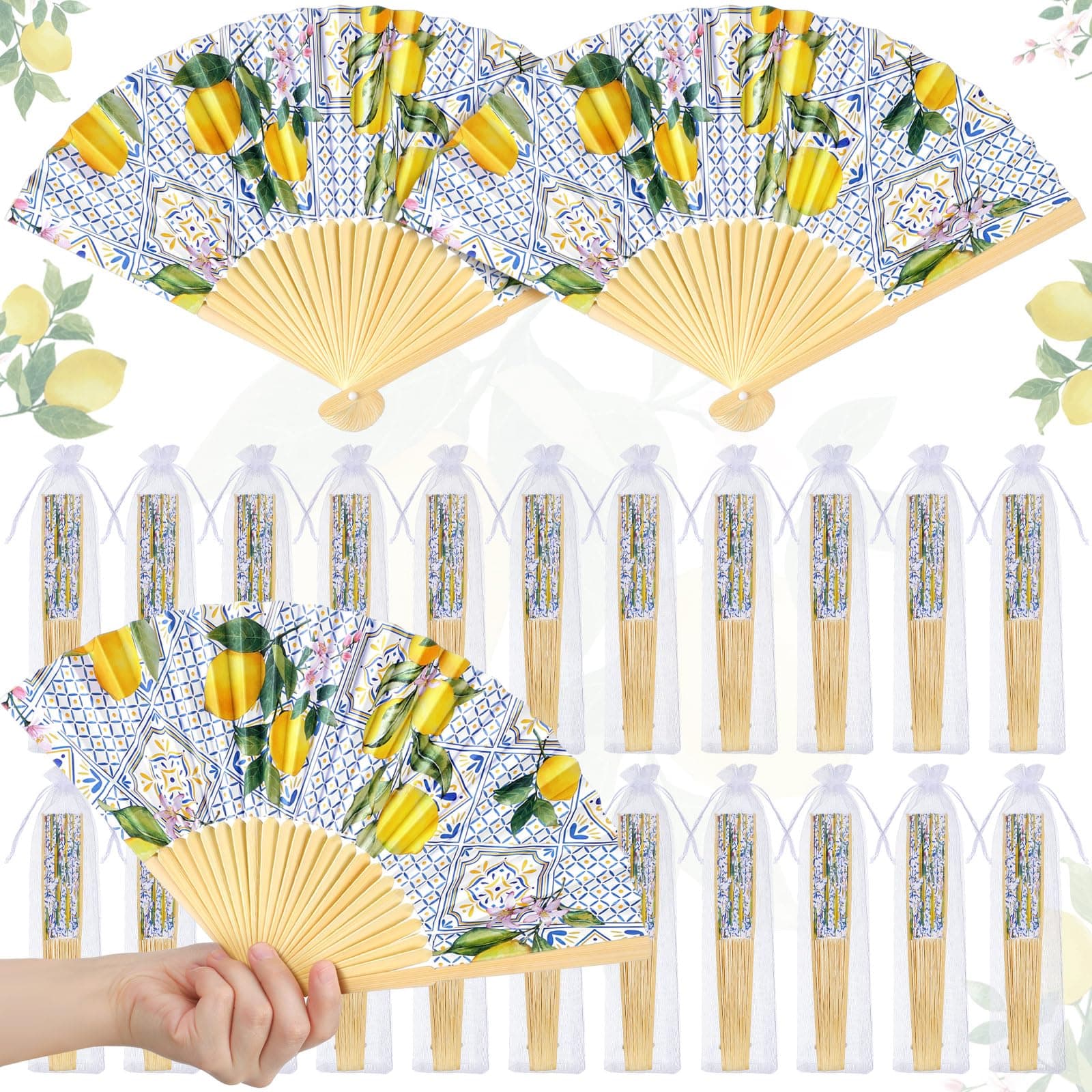 Vercraft 25 Sets Lemon Hand Folding Fans with Organza Bags Bulk, Guests Capri Lemon Wedding Favors for Decorations Mediterranean Paper Fans for Bridal Shower Wedding Bridesmaid Gift