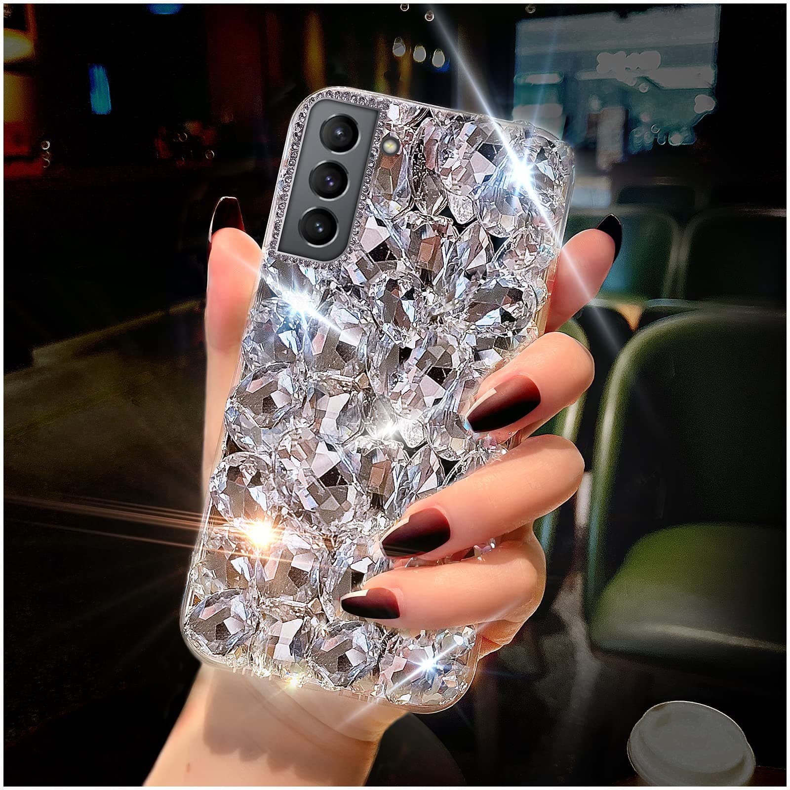 Cavdycidy for Samsung Galaxy S22 Plus Diamond Case - 3D Glitter Sparkle Bling Luxury Shiny Crystal Diamond Bumper Clear Gems Cute Protective Girly Case (Silver)