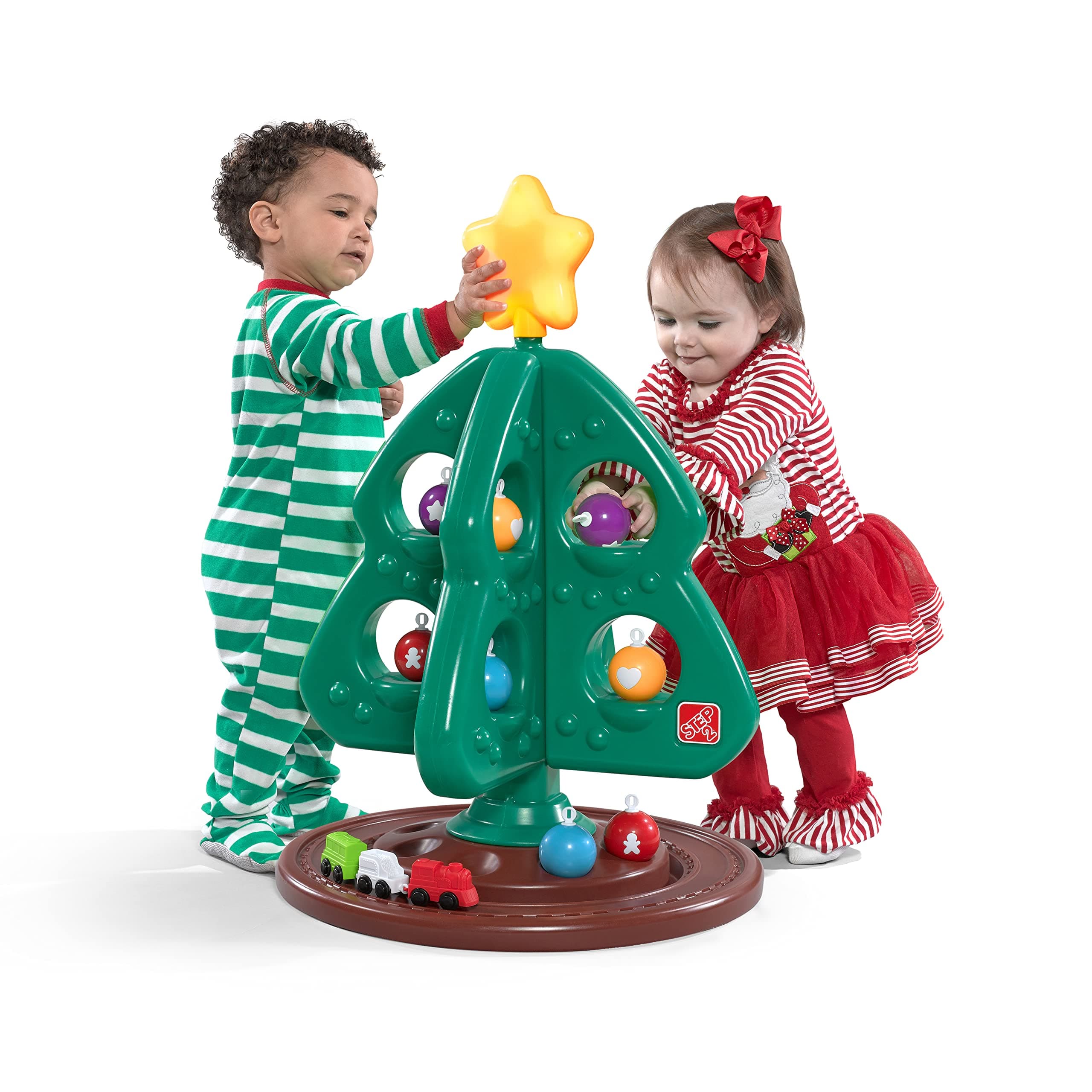 Step2 My First Christmas Tree, Kids Interactive Christmas Toy, 12 Colorful Plastic Ornaments to Decorate, Mini Train Set Circles The Skirt, for Toddles 1+ Years Old