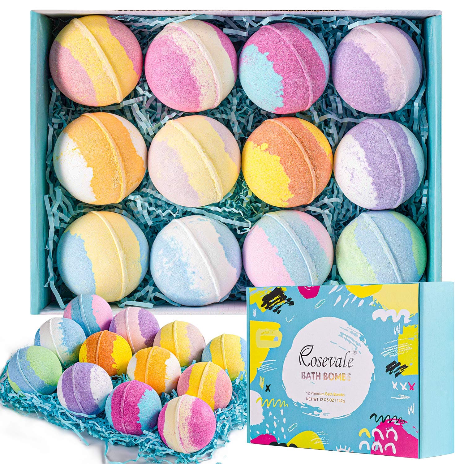 Rosevale Bath Bombs Gift Set,12 Large 5oz Bubble Bath Fizzies,Shea & Coco Butter Dry Skin Moisturize,Perfect for Bubble & Spa Kit,Best Birthday Day Gifts for Women,Her,Wife,Girlfriend,Teens Girls