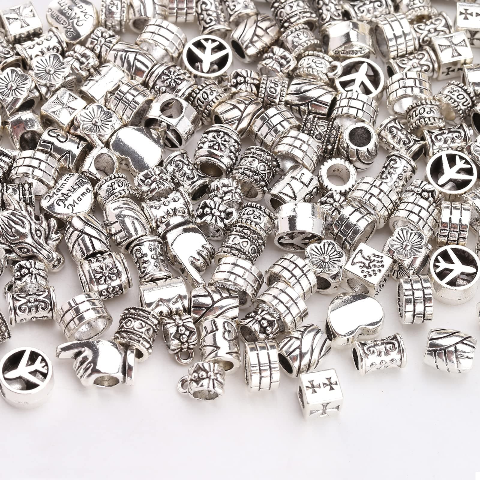 100g Big Hole Beads Tibetan Spacer Beads Silver Alloy Metal Beads for DIY Bracelets Necklace Jewelry Mix Style