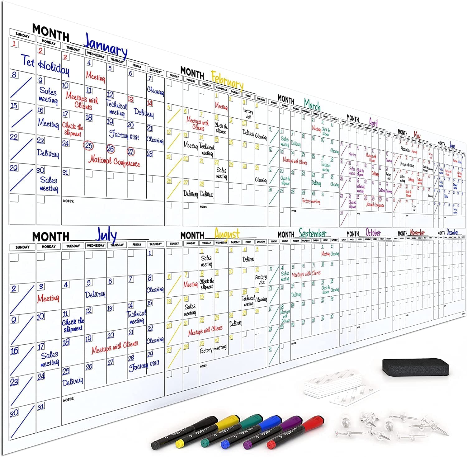 Extra Large 100"x36" Dry Erase Monthly Planner – 12-Month Whiteboard Calendar Includes 6 white Board Markers Eraser Push Pins & Mounting Tape