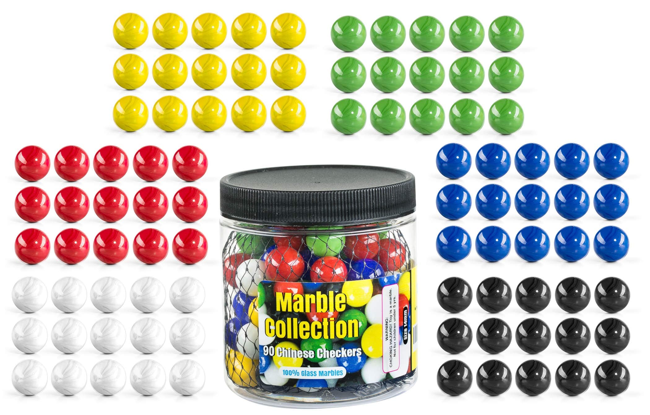 Chinese Checkers Glass Marbles. Set of 90, 15 of Each Color. Size 9/16” (14mm), with Practical Container…