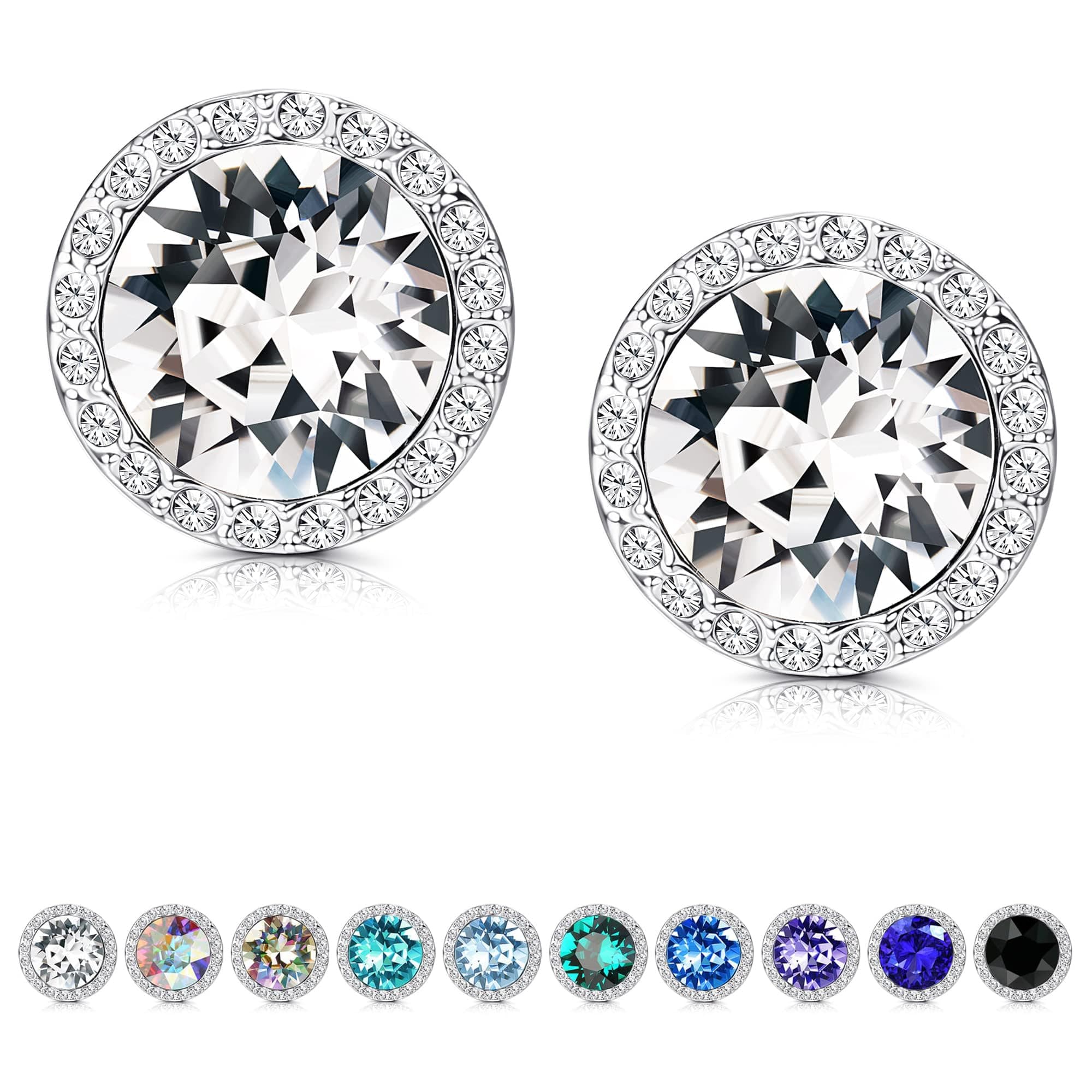 Sterling Silver Crystals Stud Earrings for Women, Made of Austria Crystals, Round-Cut Rhinestone Halo Bridal Earring Hypoallergenic Dance Competition Earrings