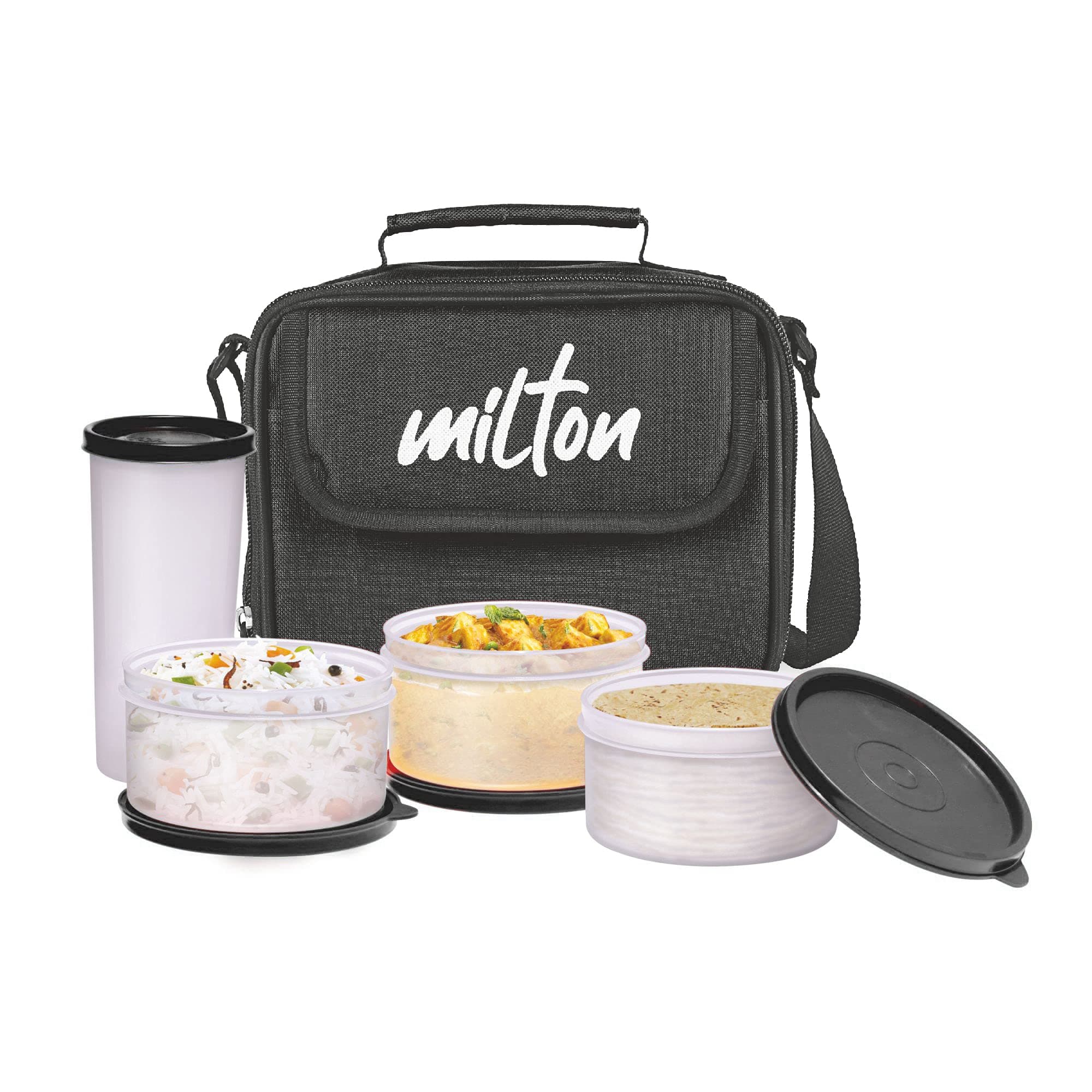 Milton New Meal Combi Lunch Box, 3 Containers and 1 Tumbler, Black | Food Grade | Light Weight | Dishwasher Safe | Microwave Safe | Easy to Carry | Leak Proof | BPA Free