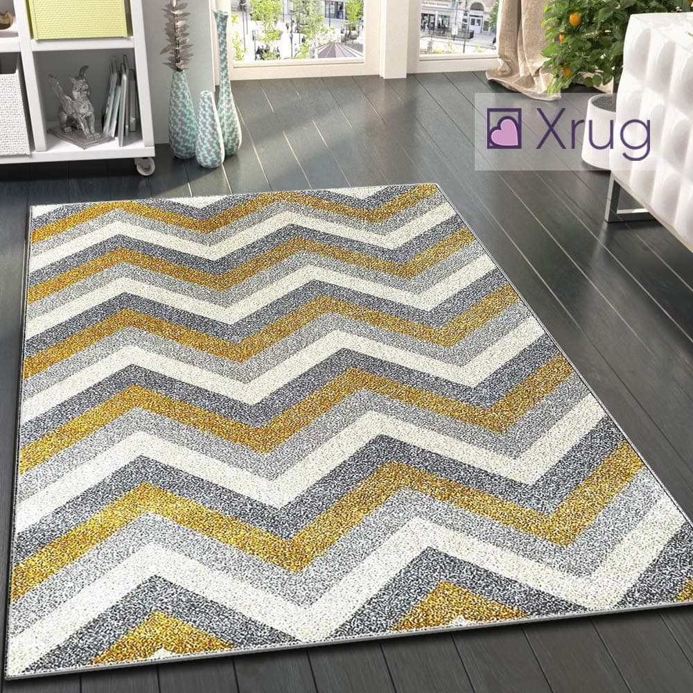 Grey Yellow Rug Mustard Modern Chevron Zig Zag 60x110 cm - 2'x3'7'' ft Woven Short Pile Carpet Mat for Living Room & Bedroom