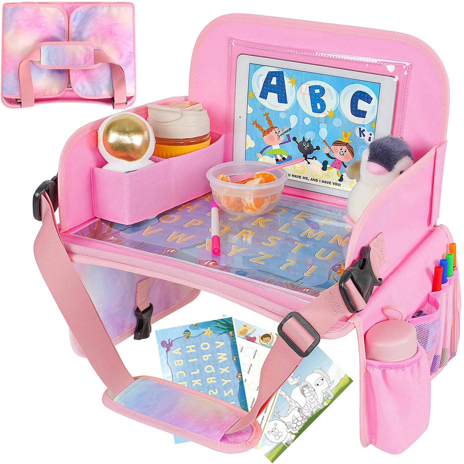 MENZOKE Kids Travel Tray, Car Seat Tray with Educational Drawing Board, Tablet Holder & Cooler Cup Holder, Travel Table for Kids, Pink