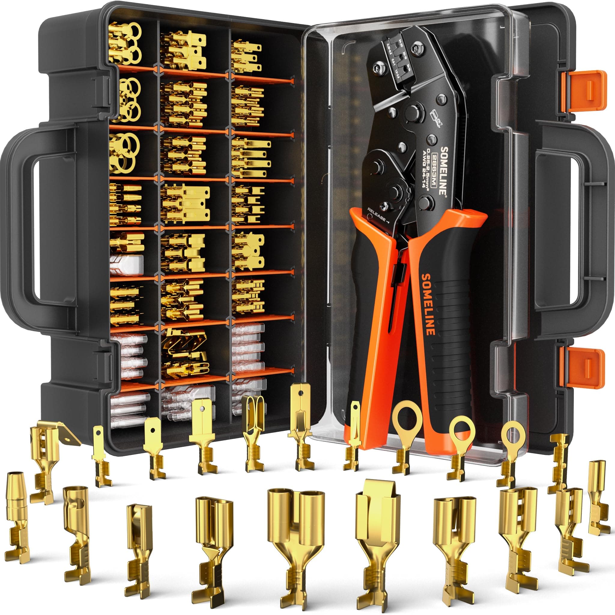 – SOMELINE Crimping Tool Set with 24 Sizes Wire Connector Set, Crimp Plier 0.25-2.5mm²(AWG 24-14) Non-Insulated Open Barrel Terminals Wire Splices Brass Spade Connector