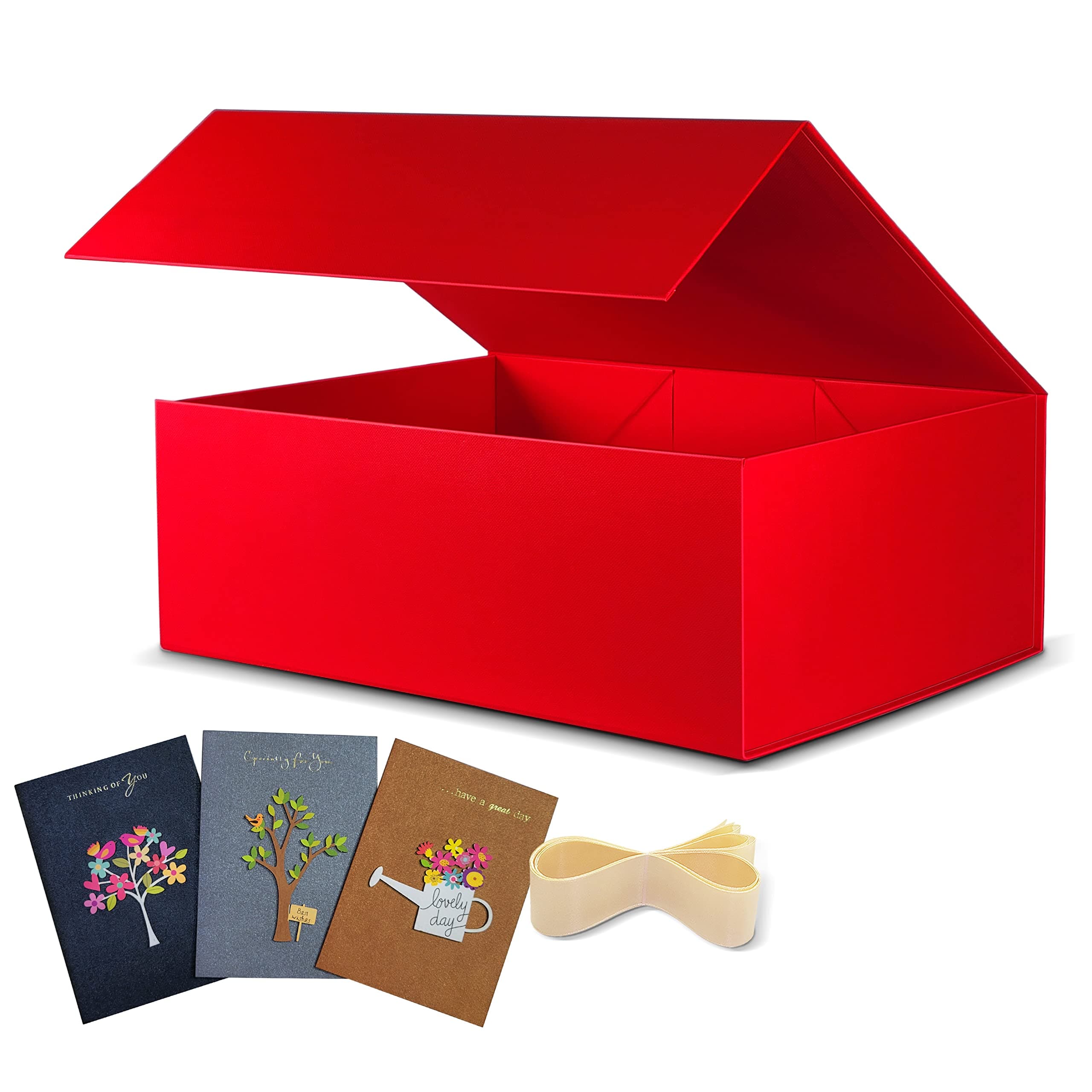BOXHOME 3 Pack Large Gift Box, Red Gift Box 13x10x5 inch with Magnetic Lids Gift Packaging Box, Bridesmaid Boxes for Presents Contains Card, Ribbon, Folding Gift Box