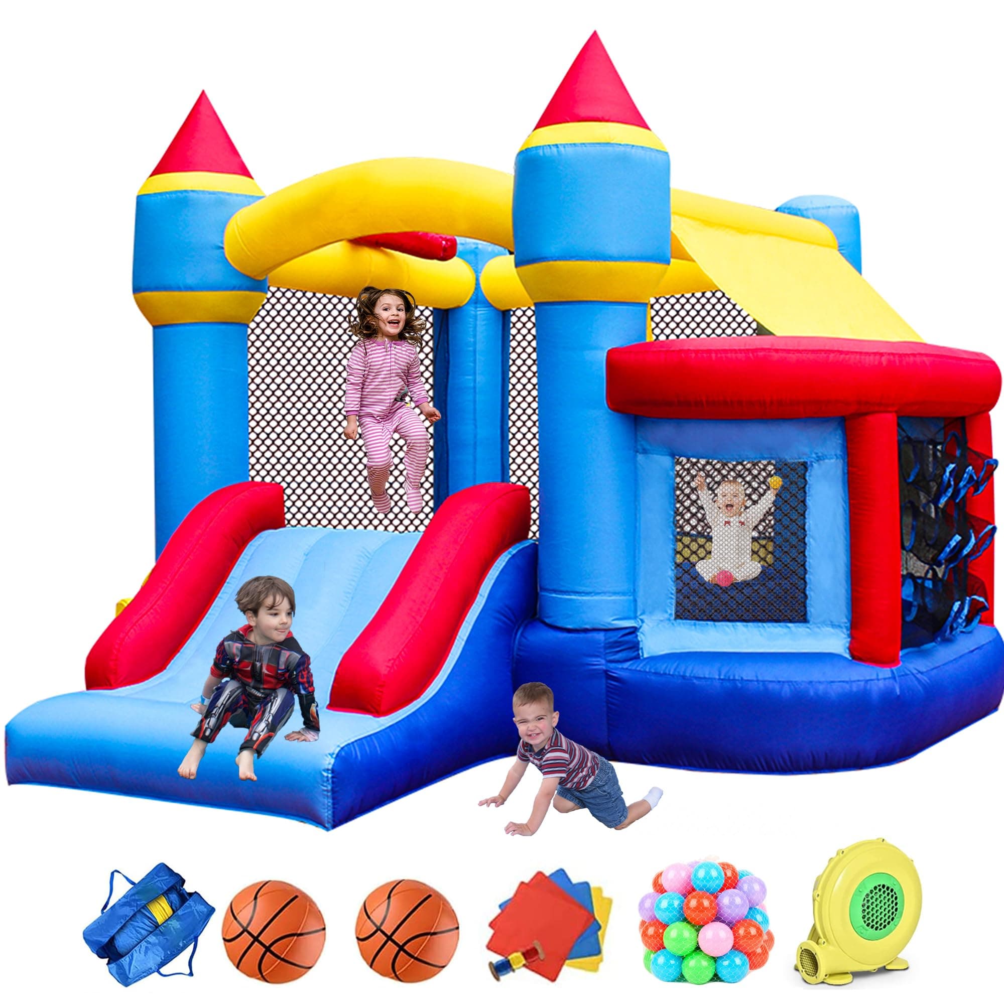 RETRO JUMP Inflatable Bounce House, Bouncy House for Kids Outdoor, Inflatable Kids Bounce House with Jumping Ball Pit & Basketball Hoop, Ocean Balls, Blower, Patch Kits, Stakes, Carrying Bag