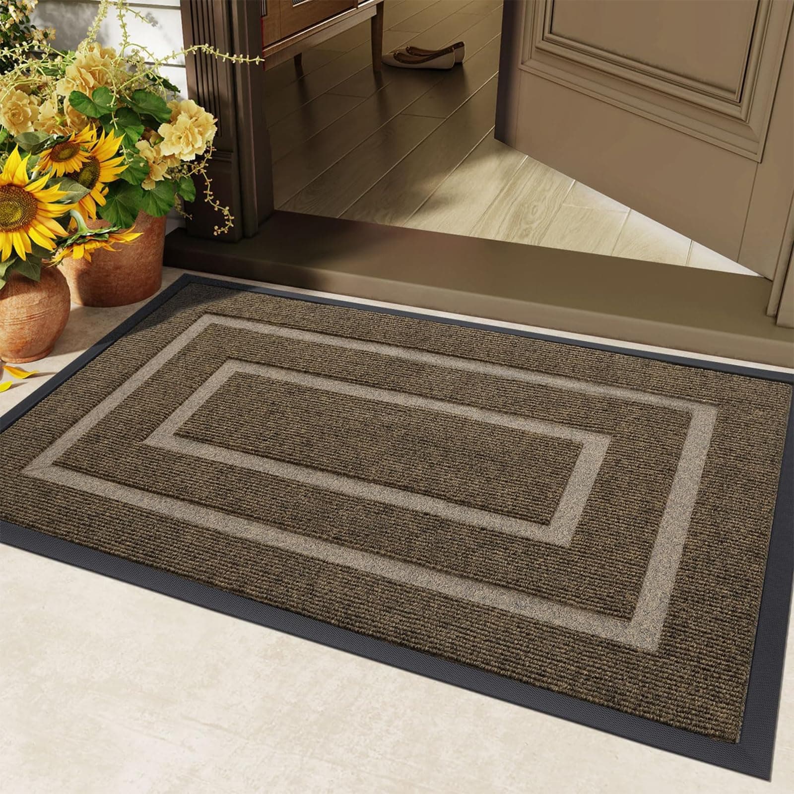 HAENJA Front Door Mat Indoor Outdoor Entrance, Waterproof and Mudproof Welcome Door Mats, Non-Slip Rubber Backing Low Profile Doormat for Entryway (45 * 75CM) (Brown, Style 1)