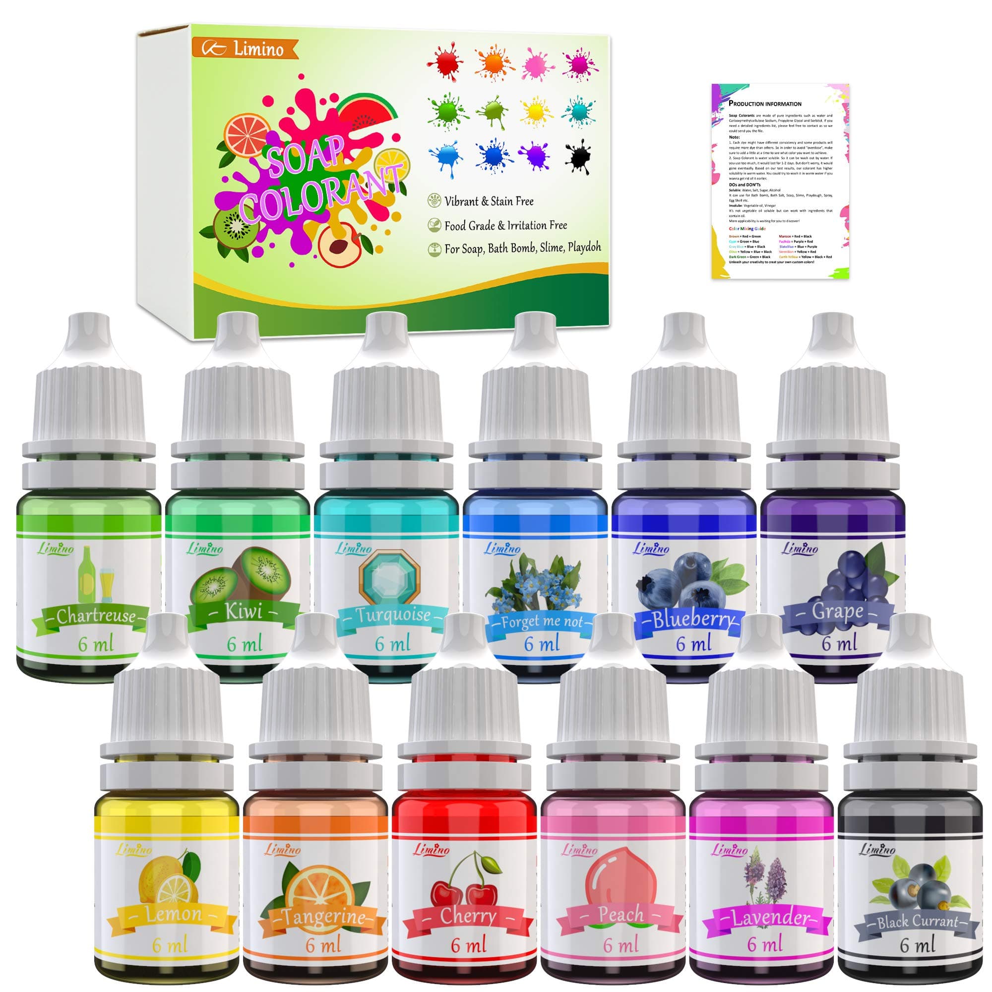 Limino 12 Color Bath Bomb Soap Dye - Skin Safe, Food Grade Coloring for Soap Making Supplies, DIY Bath Bomb Supplies Kit, Slime, Crafts - with Instructions