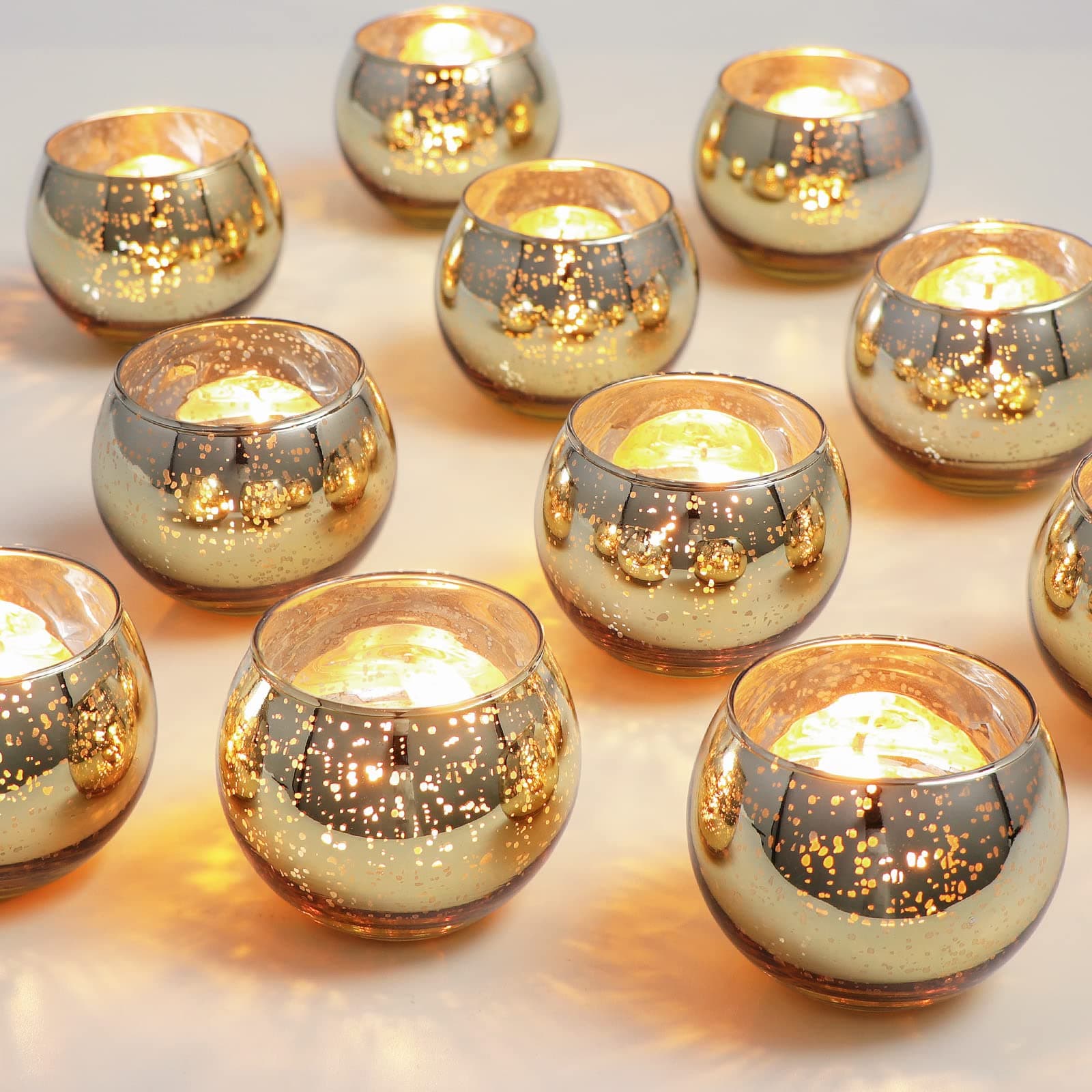Letine Gold Votive Candle Holders Set of 36 - Round Speckled Mercury Gold Glass Candle Holder Bulk - Ideal for Wedding Centerpieces & Home Decor