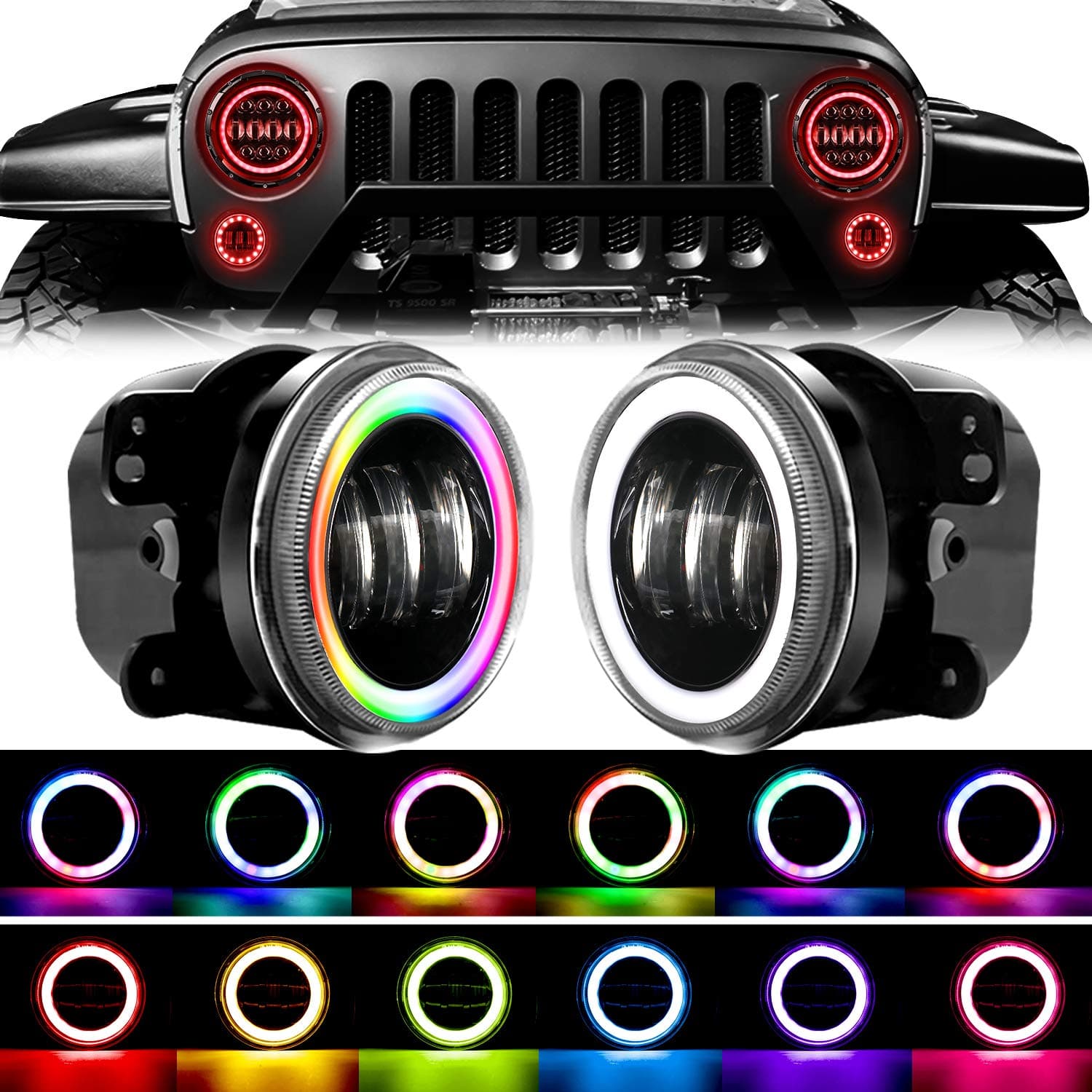 4 Inch RGB LED Fog Lights for JK, Halo Fog Lights with Flashing Light Compatible with 2007-2018 JK, Phone Bluetooth Controlled