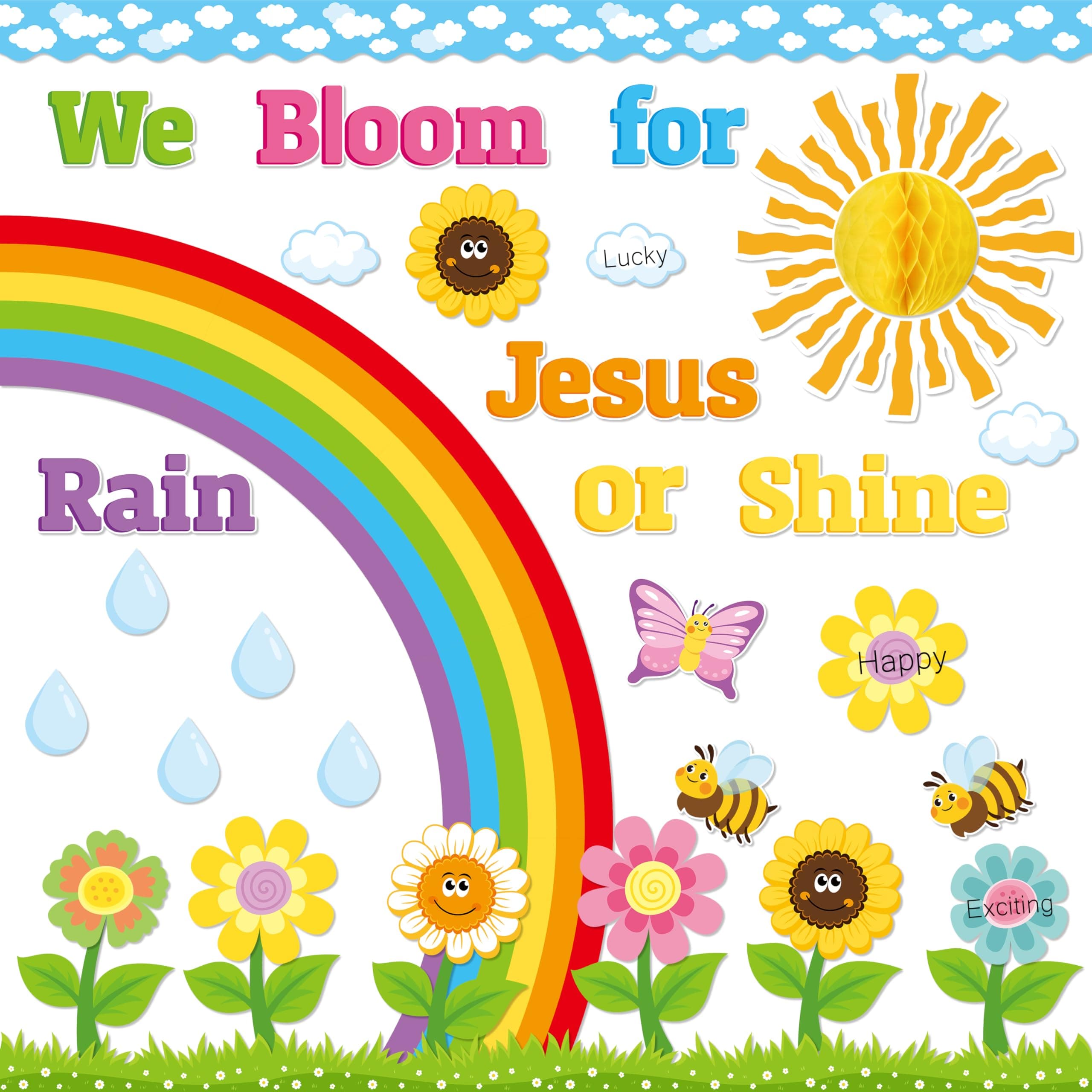 BeYumi 88Pcs We Bloom for Jesus Rain or Shine Christian Bulletin Board Set Spring Rainbow Sun Honeycomb Flowers Cutouts Name Tags Trim Border Faith Religious Sunday School Chalkboard Church Decoration