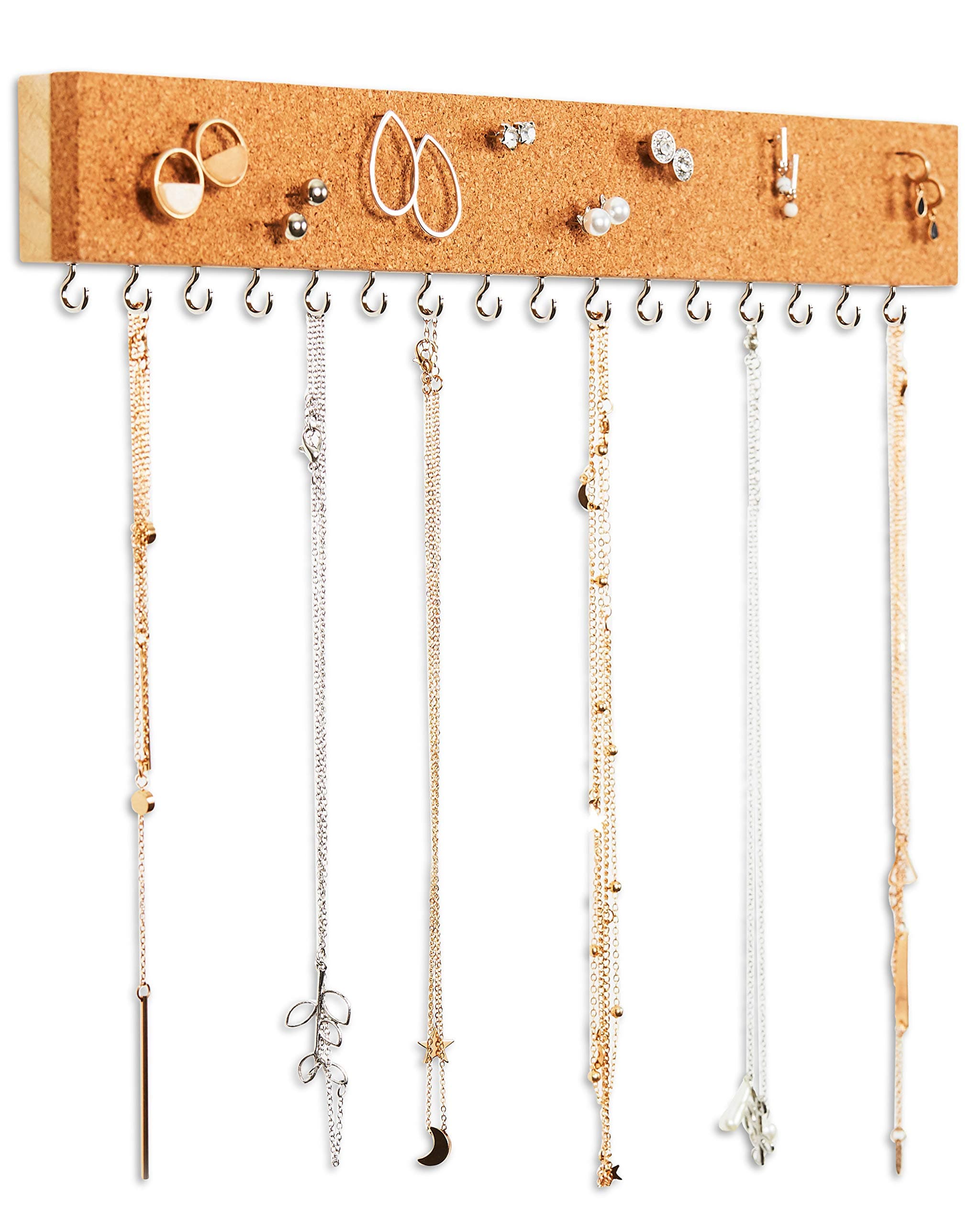 Stud Earring Organizer Hanging Holder with Cork Board - Wall Mount Jewelry Organizers - Necklace Display Rack - Mounted Cork Jewelry Display - Storage Hanger for Necklaces and Stud Earrings