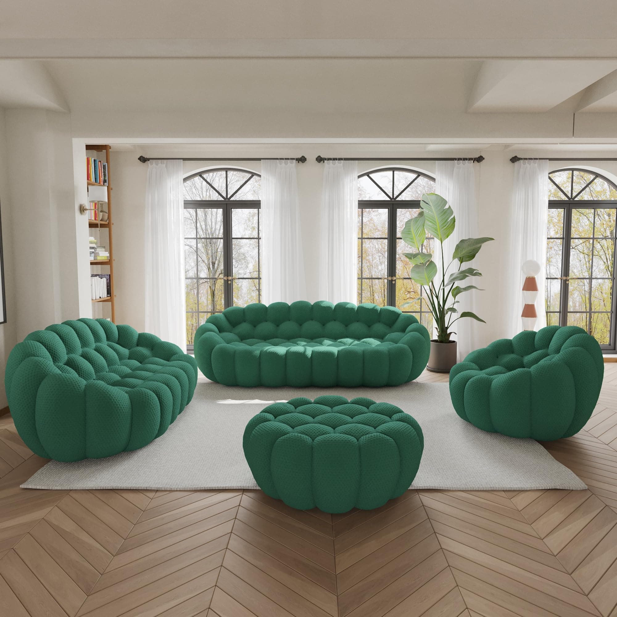 WJShome Modular Sectional Sofa,Bubble Couch Set,1 Seater+ LoveSofa+ 3 Seater+Ottoman,Modern Upholstered Bean Bag Sofa Couch Mesh Fabric Lazy Floor Chair Living Roon Sets (Green, 98.43"+79"+48"+42")