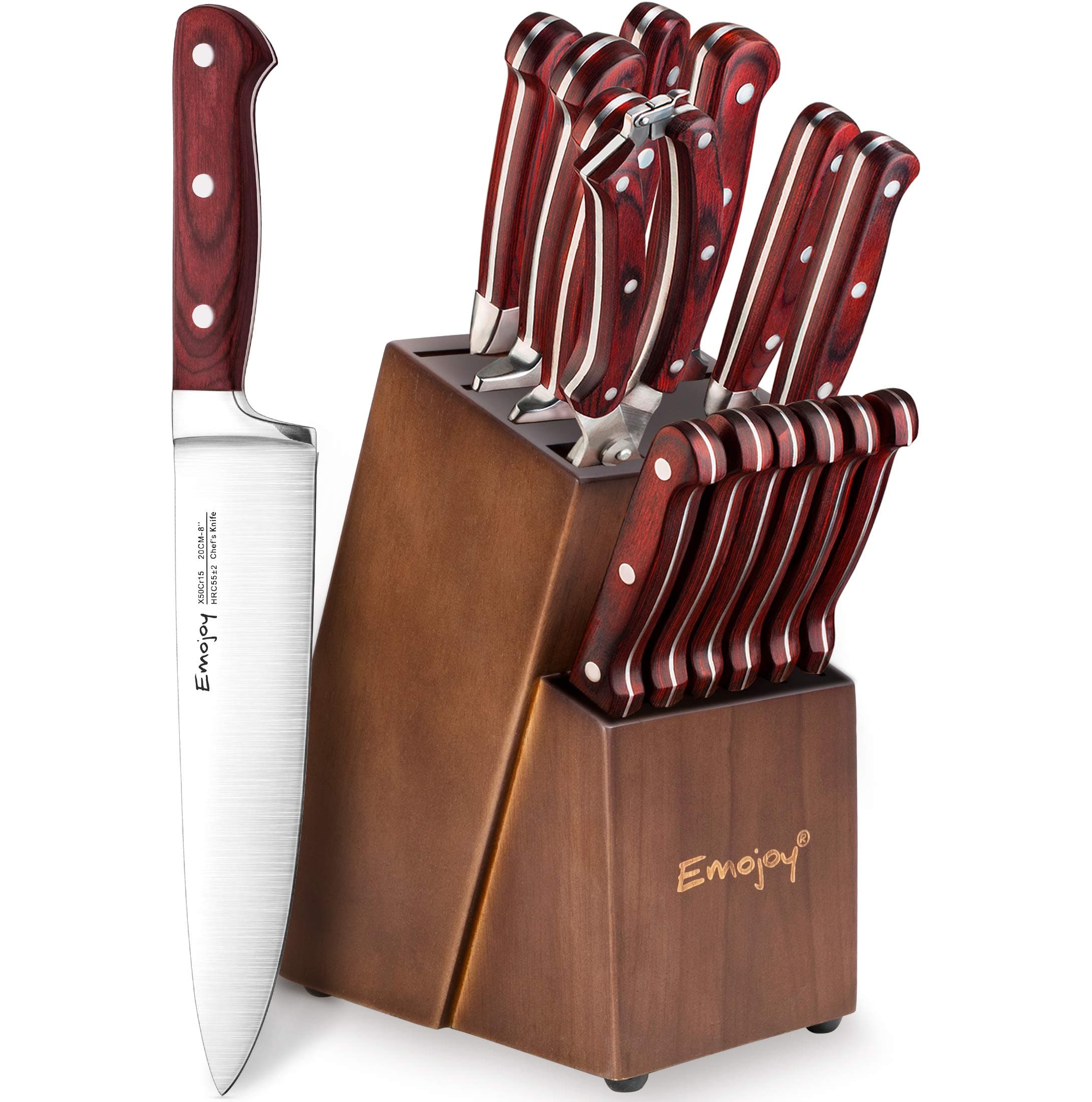 Knife Set, 15-Piece Kitchen Knife Set with Block Wooden, Manual Sharpening for Chef Knife Set, German Stainless Steel, Emojoy