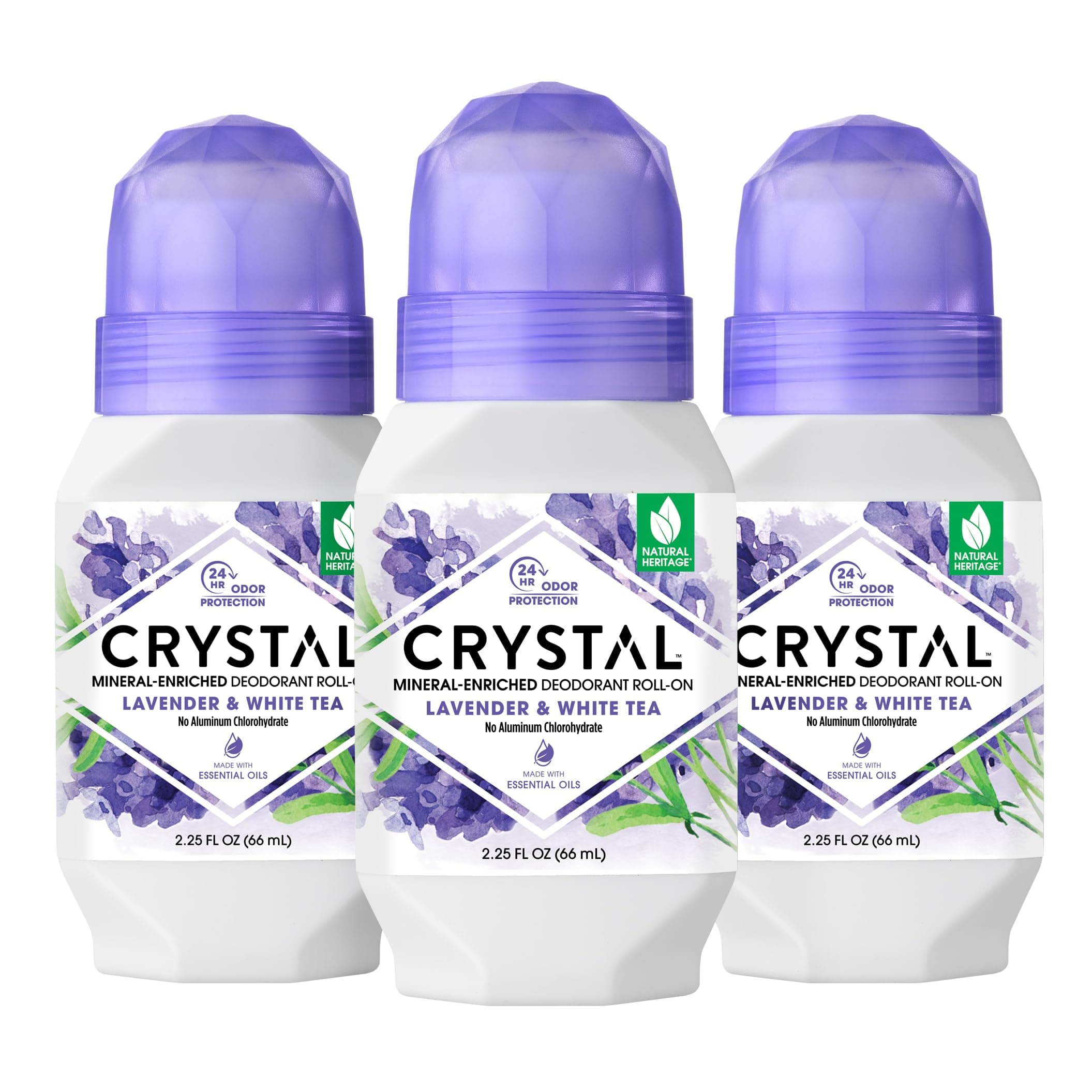 CRYSTAL Deodorant Aluminum Free Mineral Deodorant Roll-On for Women & Men, Lavender & White Tea - Paraben Free - Certified Cruelty Free & Vegan Deodorant - Prevents Odor Up to 24 Hours ,2.25 Fl Oz (Pack of 3),21661-3
