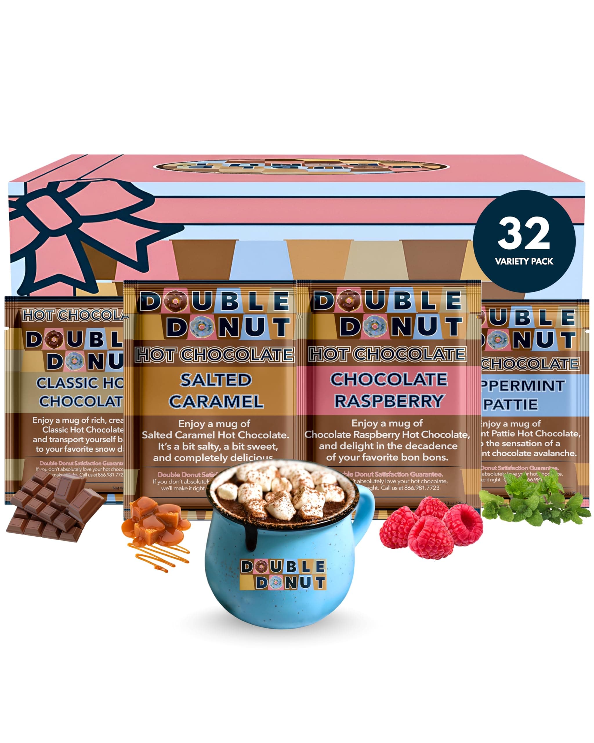 Gourmet Hot Cocoa Mix Variety Pack - Classic, Chocolate Raspberry, Salted Caramel, & Peppermint Hot Chocolate Mix Sets - 32 Count