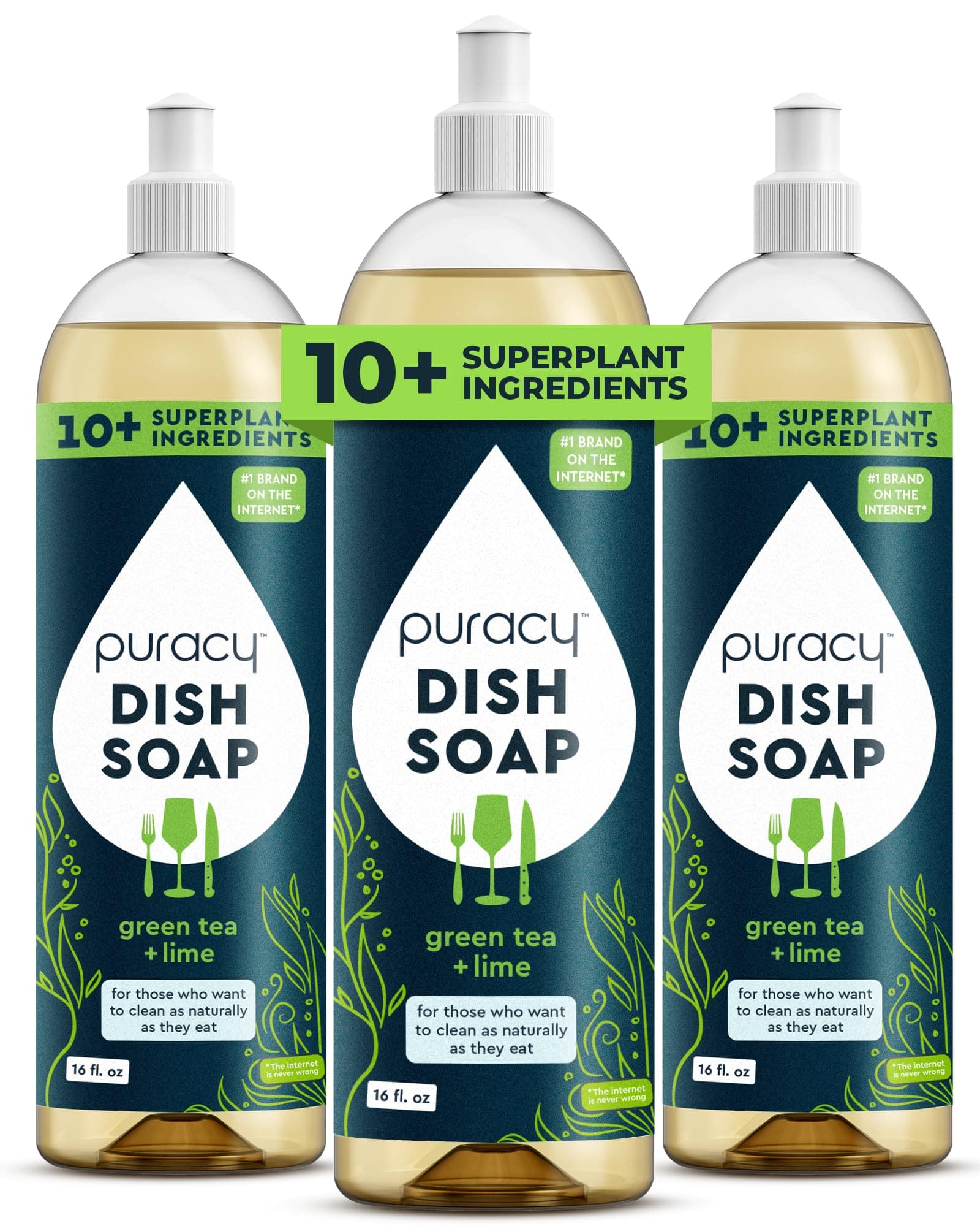 Puracy Natural Dish Soap Packs- Skin-Softening Plant-Based Dishwashing Soap, Non-Toxic Dish Soap, Organic Liquid Dishwashing Detergent Soap (Green Tea & Lime, 16 fl oz, 3 Pack)