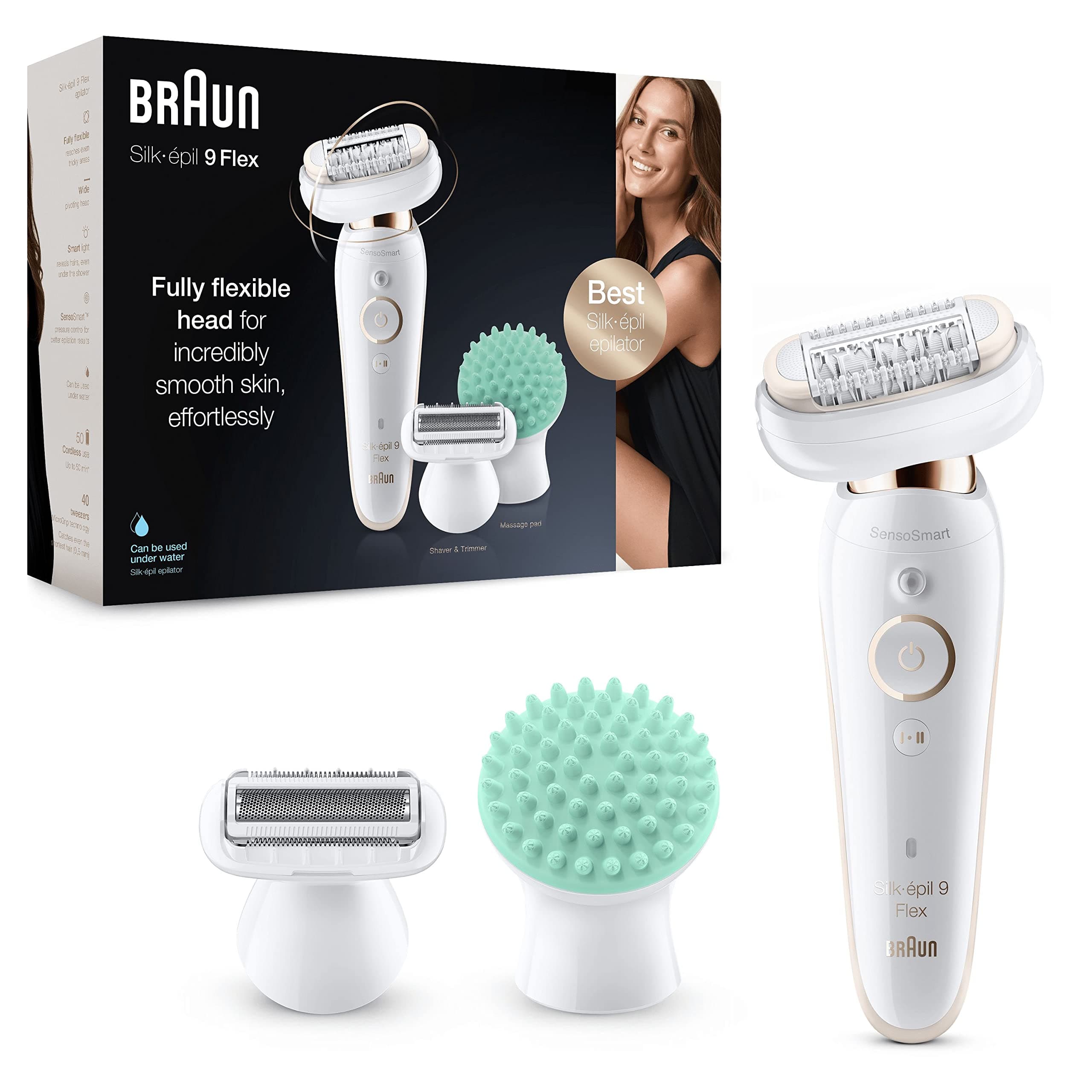 Epilator for Women with Flexible Head for Easier Hair Removal, Cordless Wet & Dry Epilation, Massage Pad, Wide Head with 40 tweezers and Slim Handle, Braun Silk-épil 9 Flex 9-020
