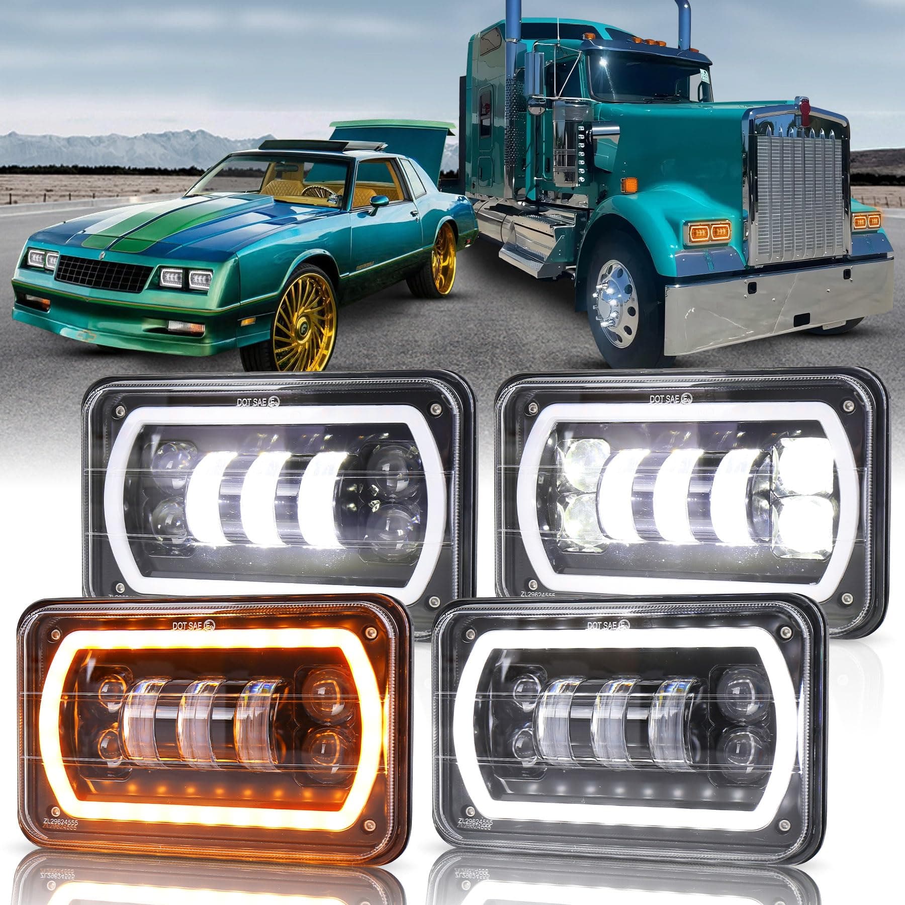 MOVOTOR Off Road 4x6 Led Headlights with White/Yellow Halo Seal Beam H4651 H4656 H6545 H4668 Replacement Headlights for Ford Kenworth Peterbilt Semi Truck