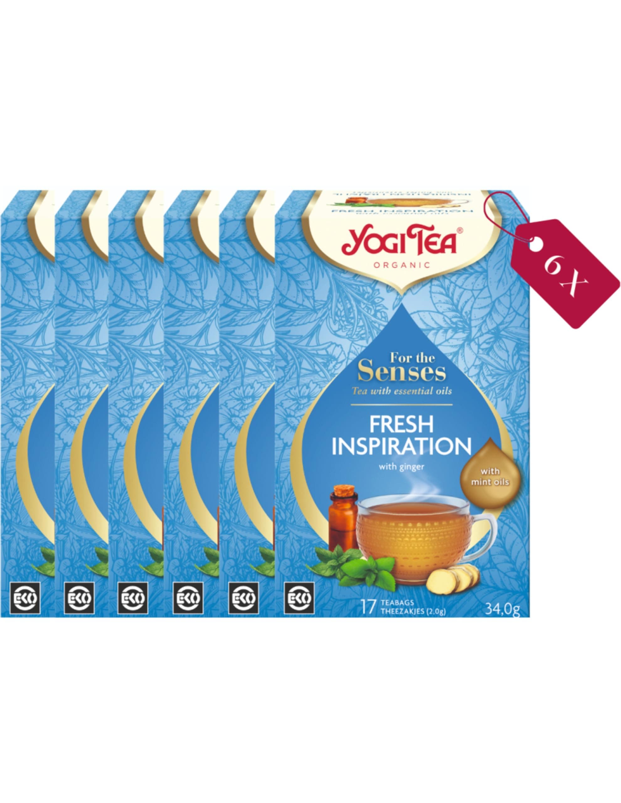 Yogi Tea, For The Senses, Fresh Inspiration, Organic Herbal Tea with Essential Oils, Blend of Peppermint, Spearmint and Ginger, 6 Packs x 17 Tea Bags (102 Teabags Total)