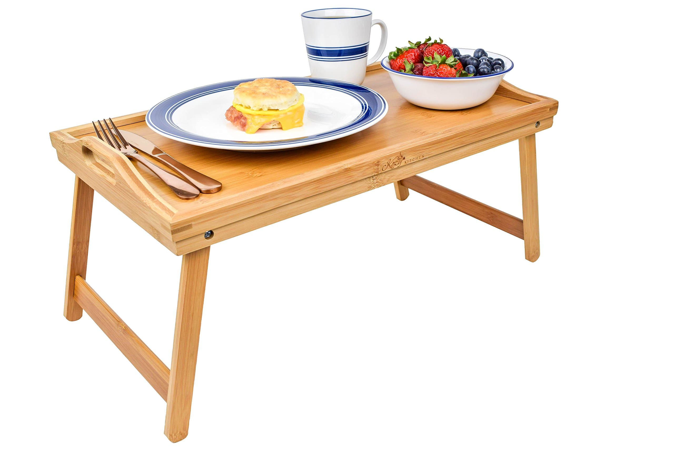 Foldable Breakfast Tray| Large Organic Bamboo Folding Serving Tray, Laptop Desk, Bed Table, Lap Desk| 100% Natural and Eco-Friendly Tray with Handles and Legs