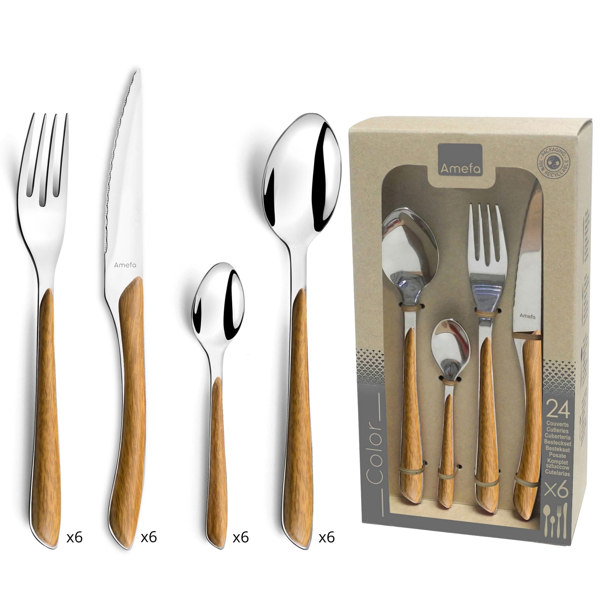 Amefa Natural Wood Handle Silverware Set - 24-Piece, Brown & Casual - Faux Wood Handle Flatware Service for 6 in Polished 18/0 Stainless Steel - Dishwasher Safe & Rust Resistant