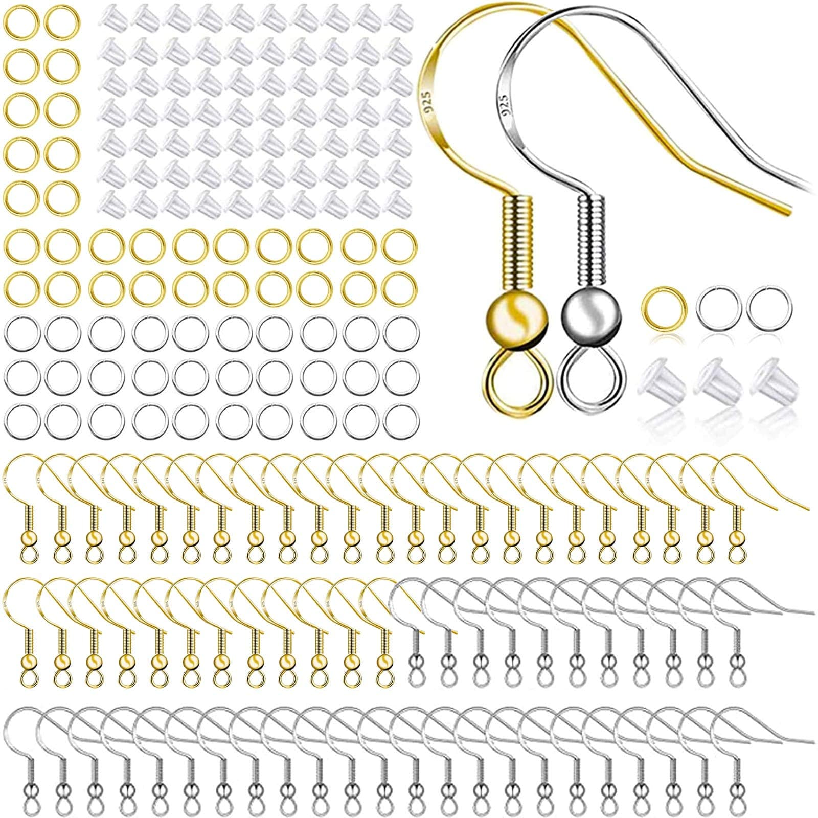 Huucky Hypoallergenic Earring Hooks 150 PCS/75 Pairs, Silver Plated Ear Wires Fish Hooks,500pcs Earring Making Kit with Jump Rings and Clear Silicone Earring Backs Stoppers for DIY Jewelry Making