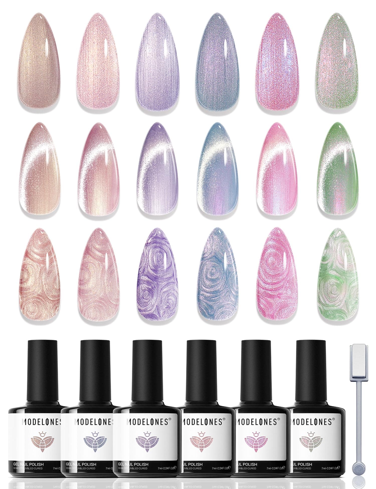 Cat Eye Gel Nail Polish, 6 Colors Shimmer Pearl Magnetic Nail Drawing Set with Magnet, Iridescent Mermaid Swirl Shell Thread Purple Pink Blue Glitter, DIY Manicure Gift for Women Girl