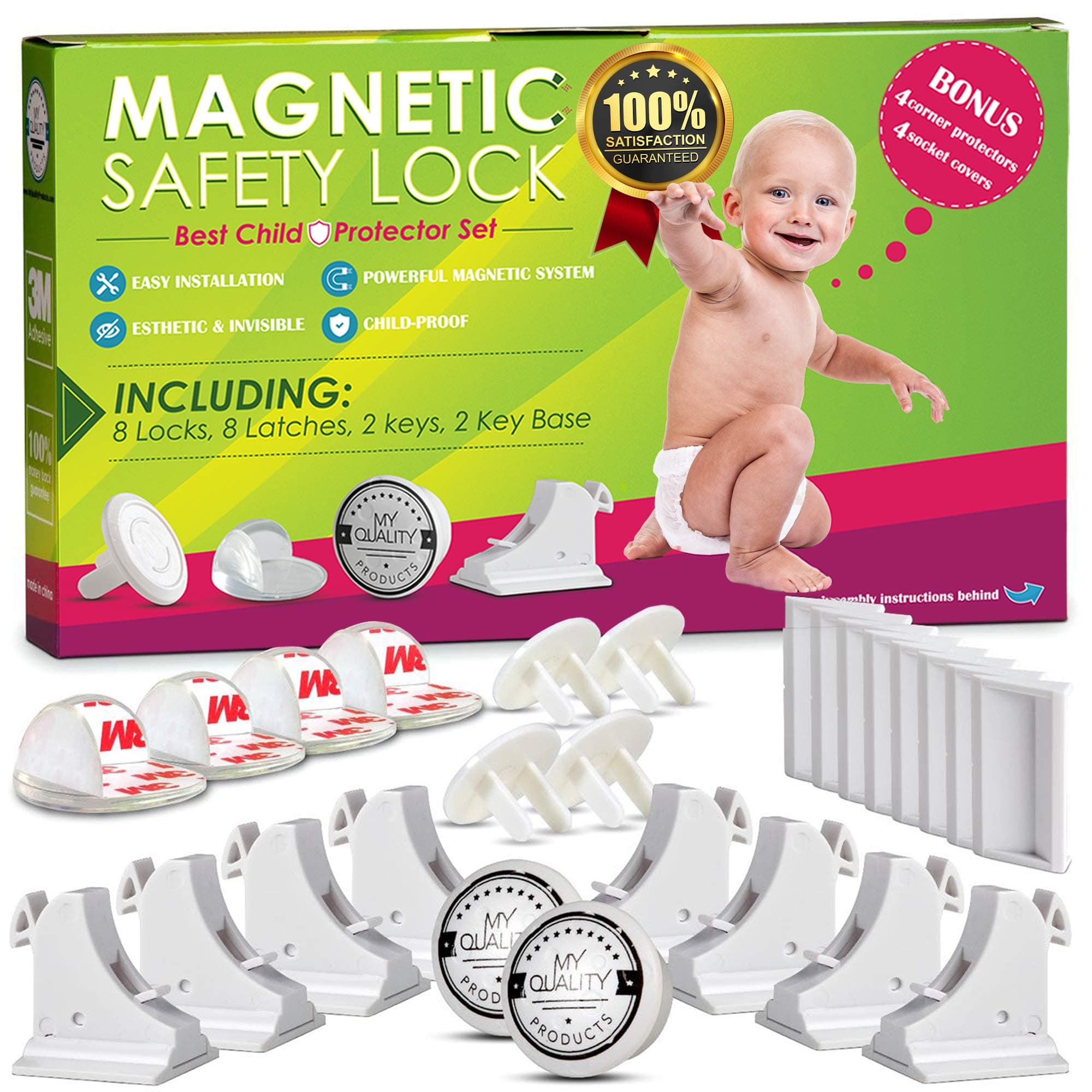 Invisible Magnetic Cabinet Locks Child Safety Kit, Secure Kitchen & Bedroom Cabinets. Cupboards with Baby Proofing Cabinets Door & Drawer Locks for Kids & Toddlers. Keys & 3M Adhesive Straps. (8)