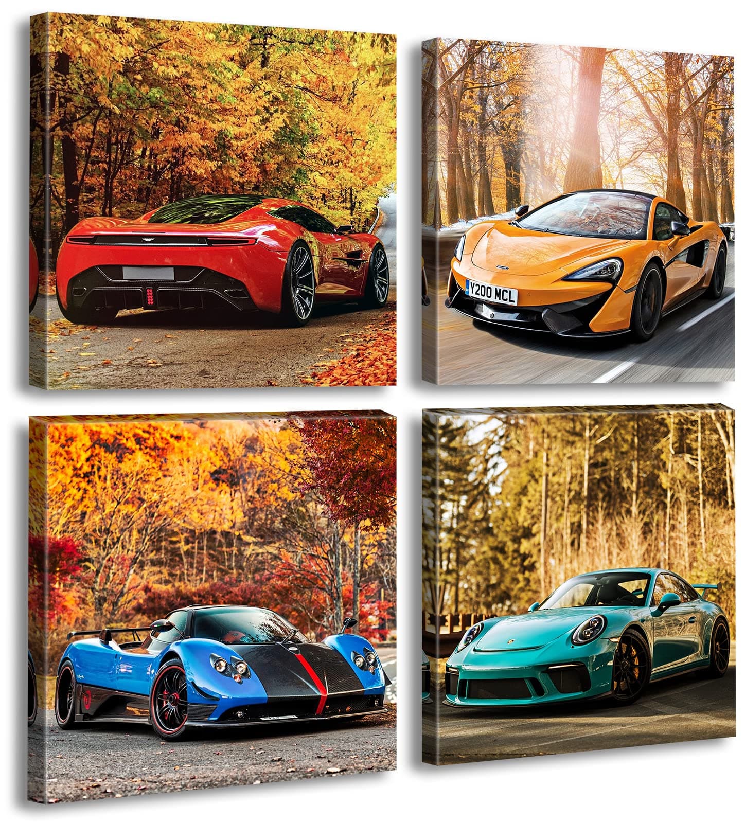 DJSYLIFE Car Posters Boys Room Decor Wall Art Giclee Canvas Prints Autumn Landscape Red Sport Car Pictures Modern Artwork for Bedroom Home Decorations Painting 12x12 inchesx4 Framed Ready to Hang
