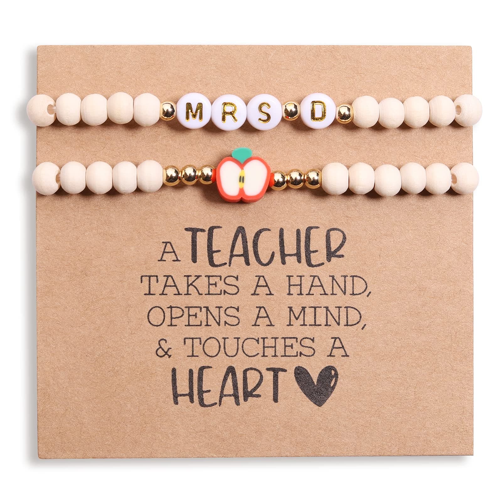 Personalized Teacher Bracelet for Women, 2 Pcs Initial Mrs Miss Ms Teacher Appreciation Gifts With Card From Student Friends, Thank You TEACH Gift for Women