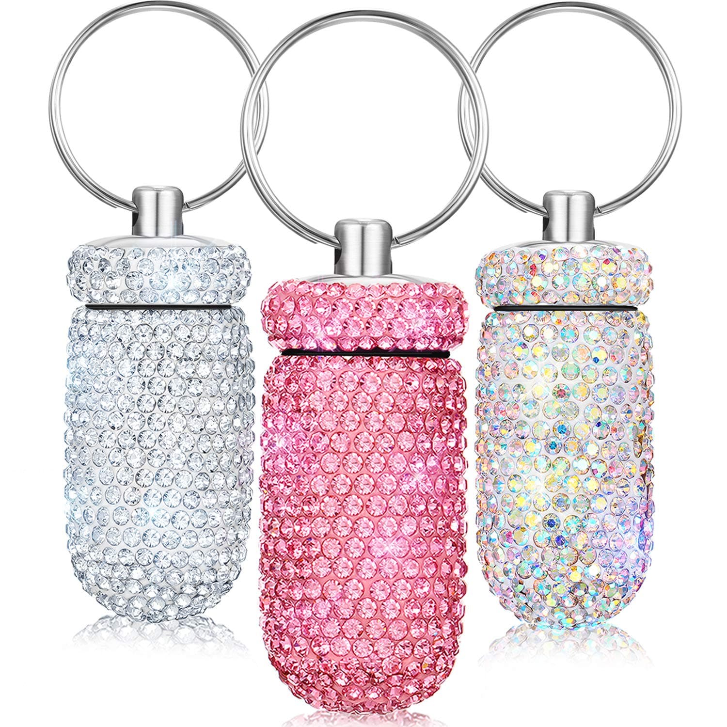 Patelai3 Pieces Bling Pill Container Portable Pill Bottle Case Travel Pill Holder Storage with Keychain for Outdoor Camping Traveling (White, Pink, AB Color)