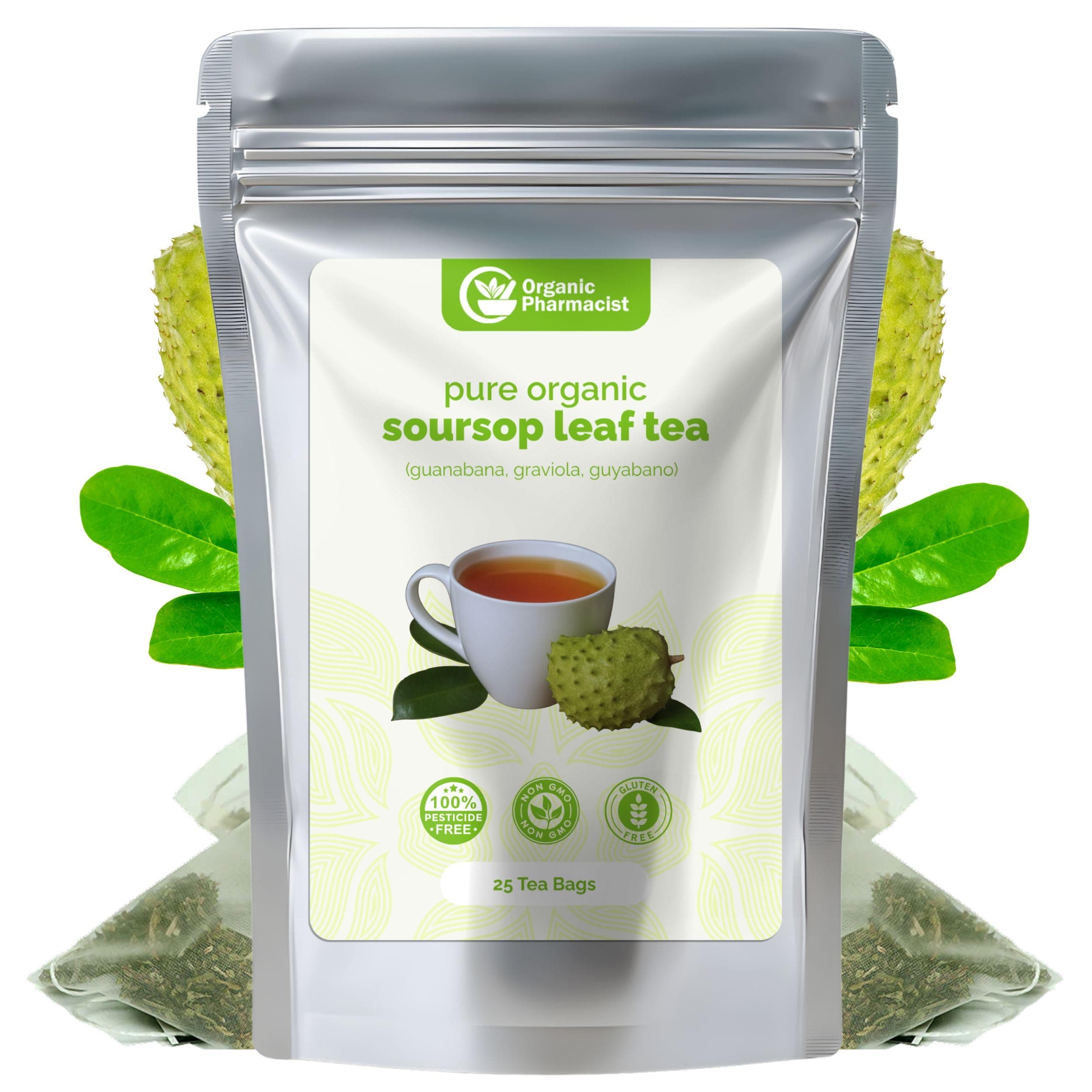 Premium Soursop Tea Bags, Graviola Leaf Tea, Guanabana Teas, Guyabano Herbal Tea, Soursop Bitters Teas, Shredded Ground Leaves, 25 Count, New & Improved