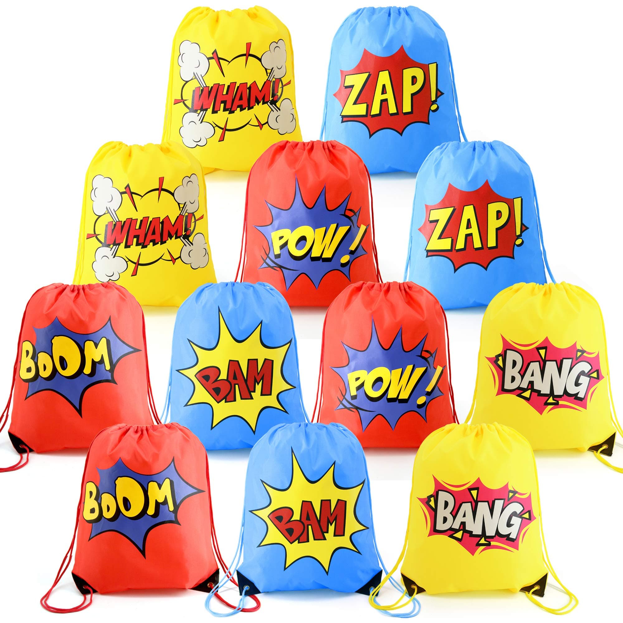 Superhero Party Bags Supplies Party Favor Bags Drawstring Backpacks for Kids Girl Boys Birthday Gifts 12 Pieces Yellow Blue Red