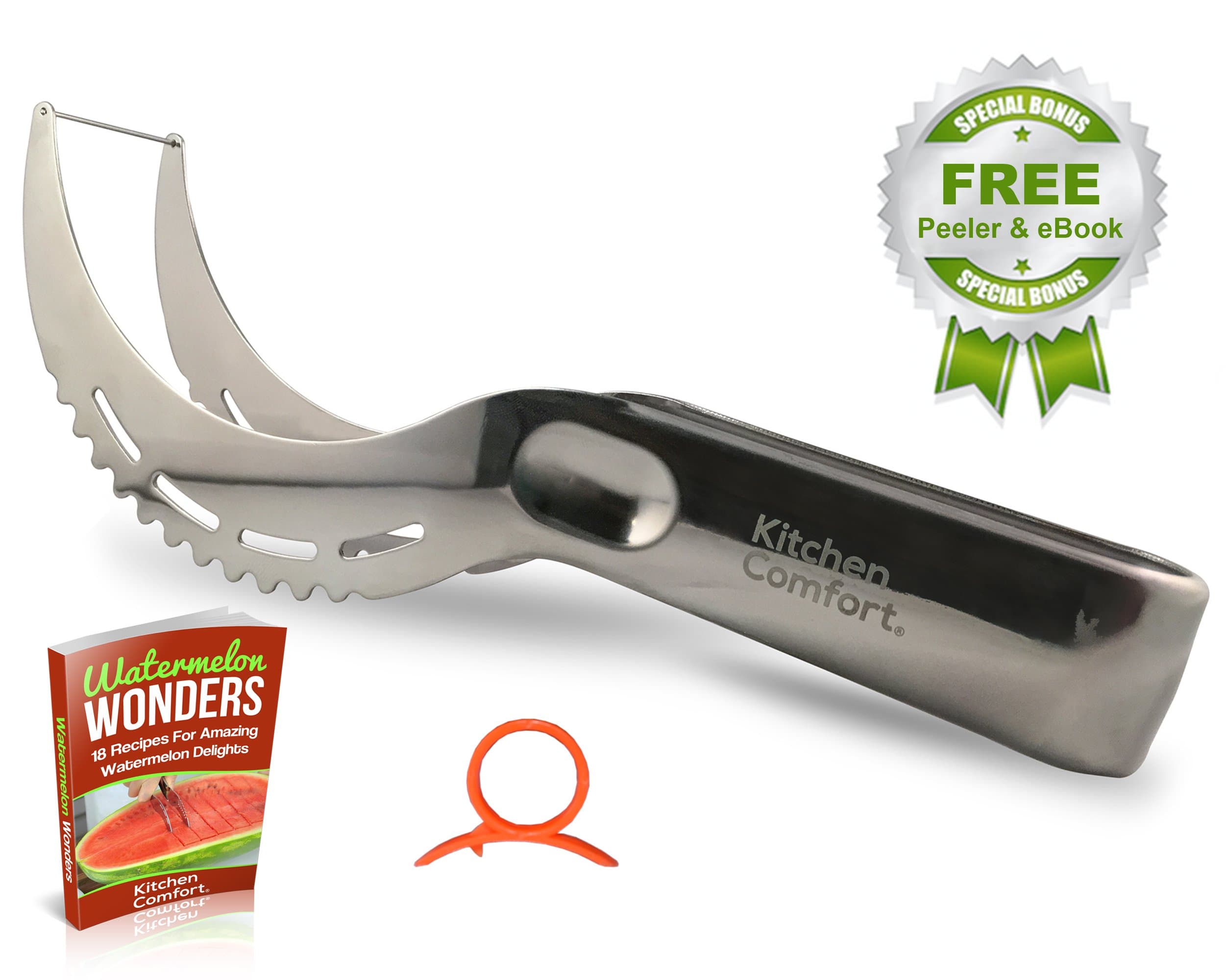 #1 Watermelon Slicer by Kitchen Comfort - Premium Quality Stainless Steel Melon Cutter - BONUS Recipe eBook + Orange Peeler