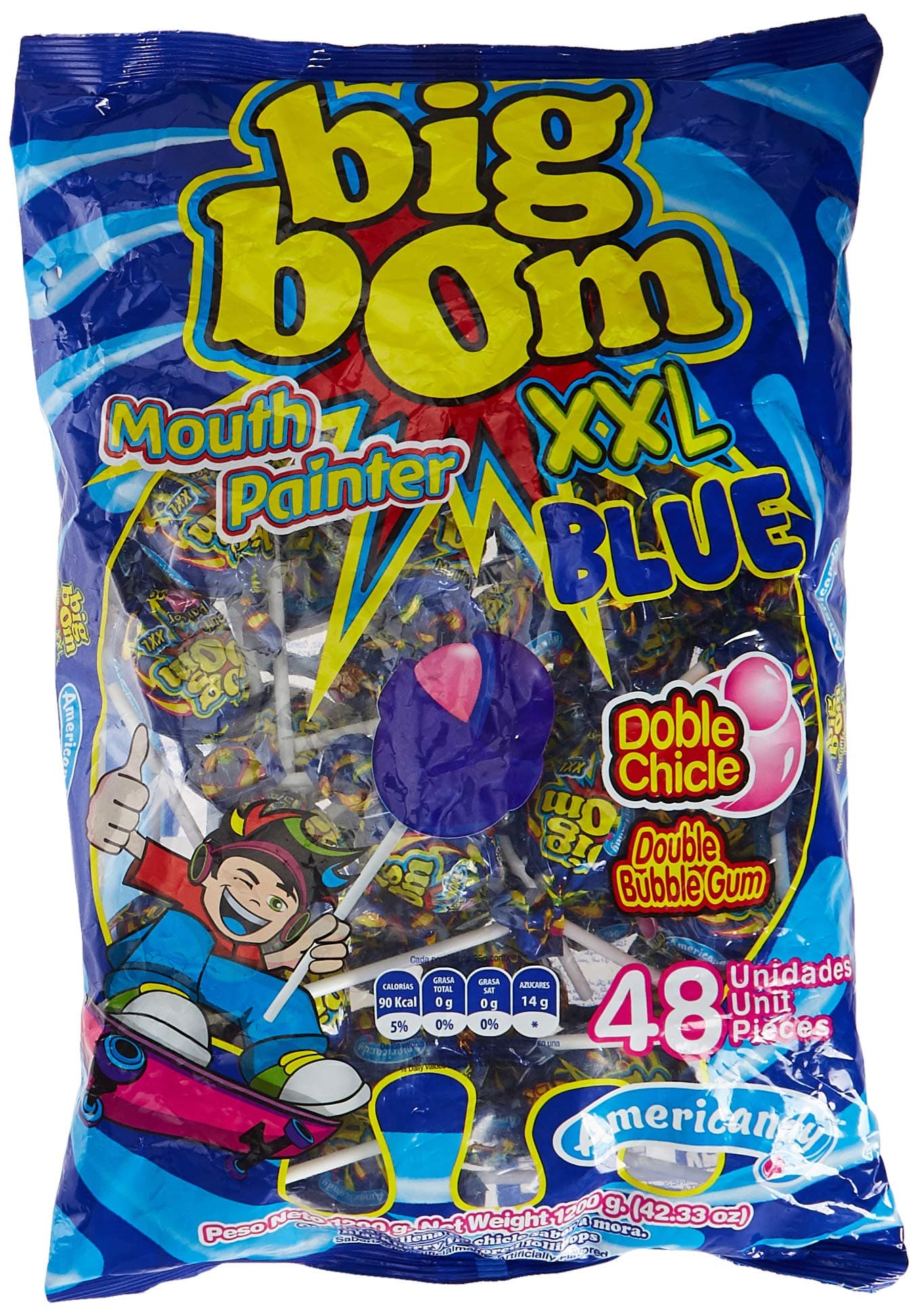 Americandy Big Bom XXL Mouth Painter Blue Lollipops, 25 Gm X 48 Pieces