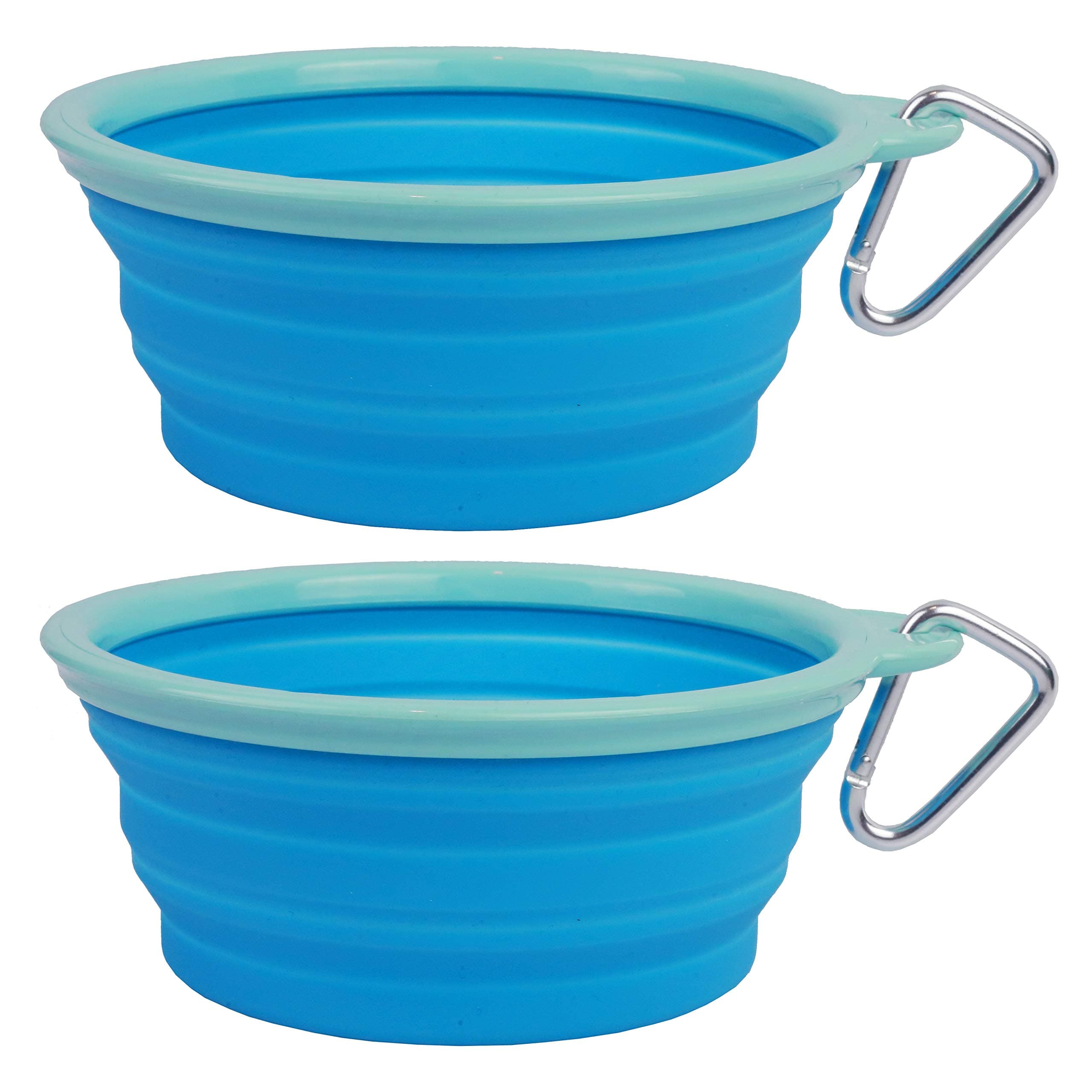 SALE: Prima Pet Collapsible Silicone Water Travel Bowl with Clip for Dog and Cat, Portable and Durable Pop-up Feeder for Convenient On-the-go Feeding - Size: LARGE (5 Cups) AQUA - 2 PACK